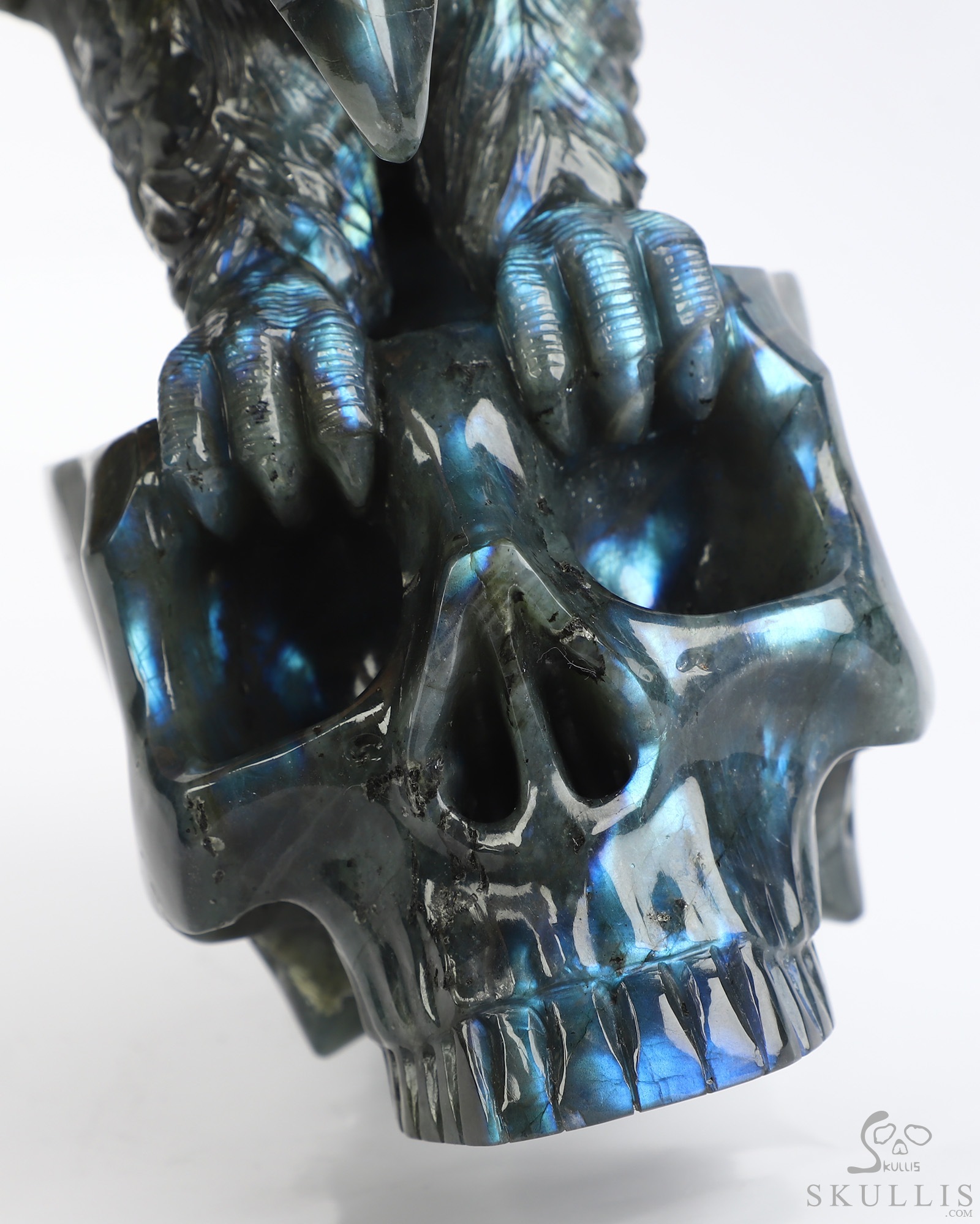 9.5" Flash Labradorite Hand Carved Crystal Skull and Eagle Fine Art Sculpture, Crystal Healing 9.5" Flash Labradorite Hand Carved Crystal Skull and Eagle Fine Art Sculpture, Crystal Healing