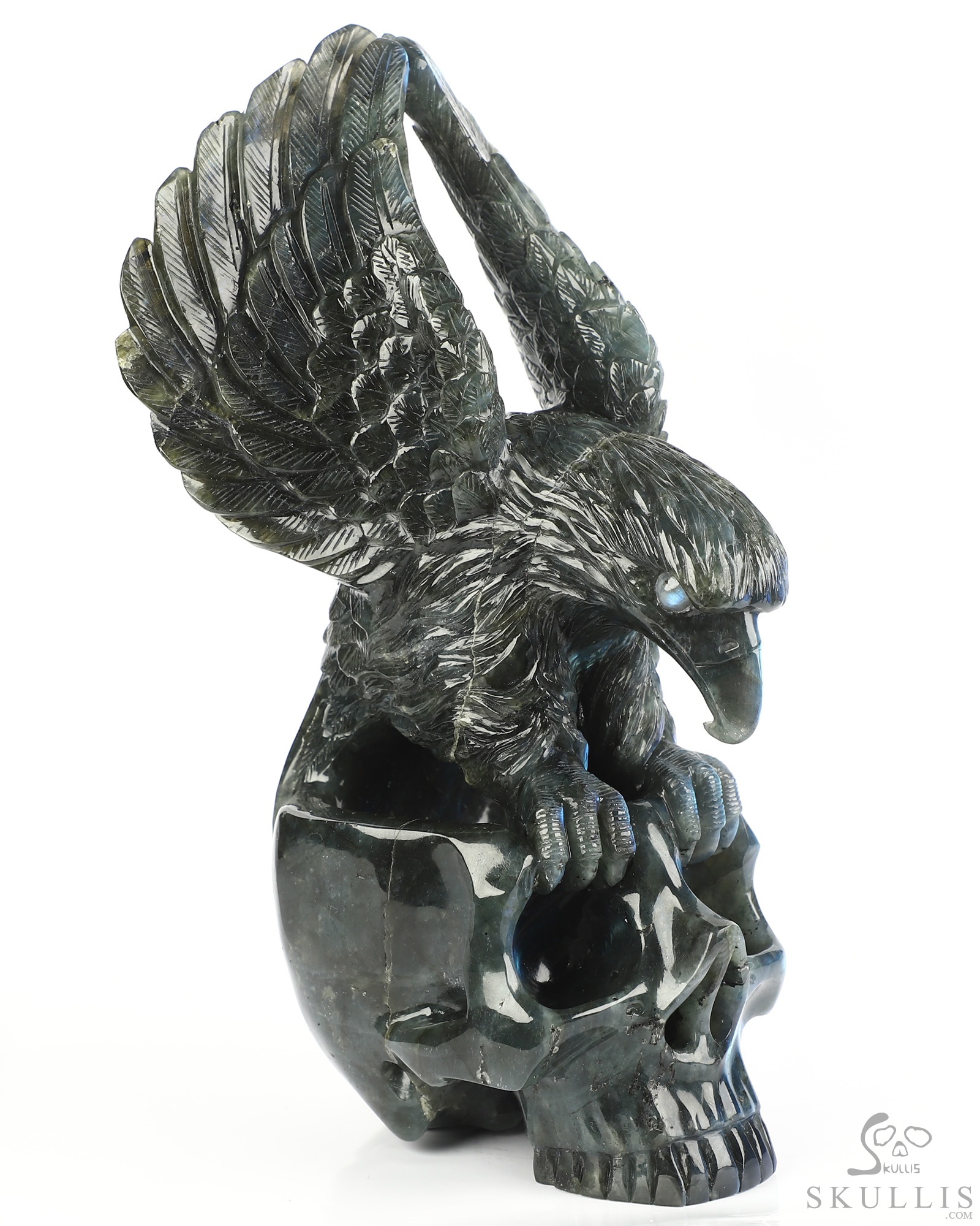 9.5" Flash Labradorite Hand Carved Crystal Skull and Eagle Fine Art Sculpture, Crystal Healing 9.5" Flash Labradorite Hand Carved Crystal Skull and Eagle Fine Art Sculpture, Crystal Healing