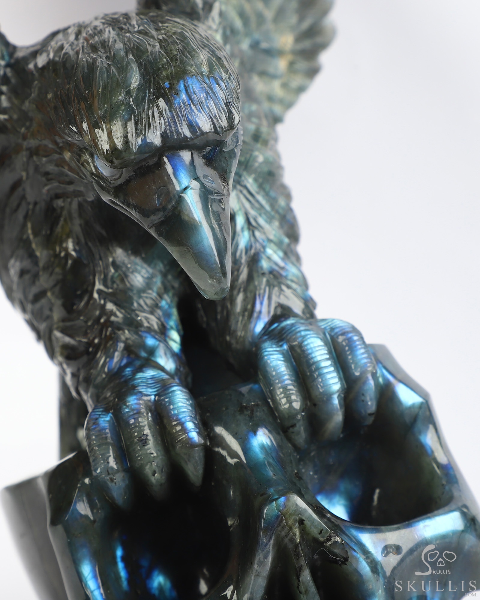9.5" Flash Labradorite Hand Carved Crystal Skull and Eagle Fine Art Sculpture, Crystal Healing 9.5" Flash Labradorite Hand Carved Crystal Skull and Eagle Fine Art Sculpture, Crystal Healing