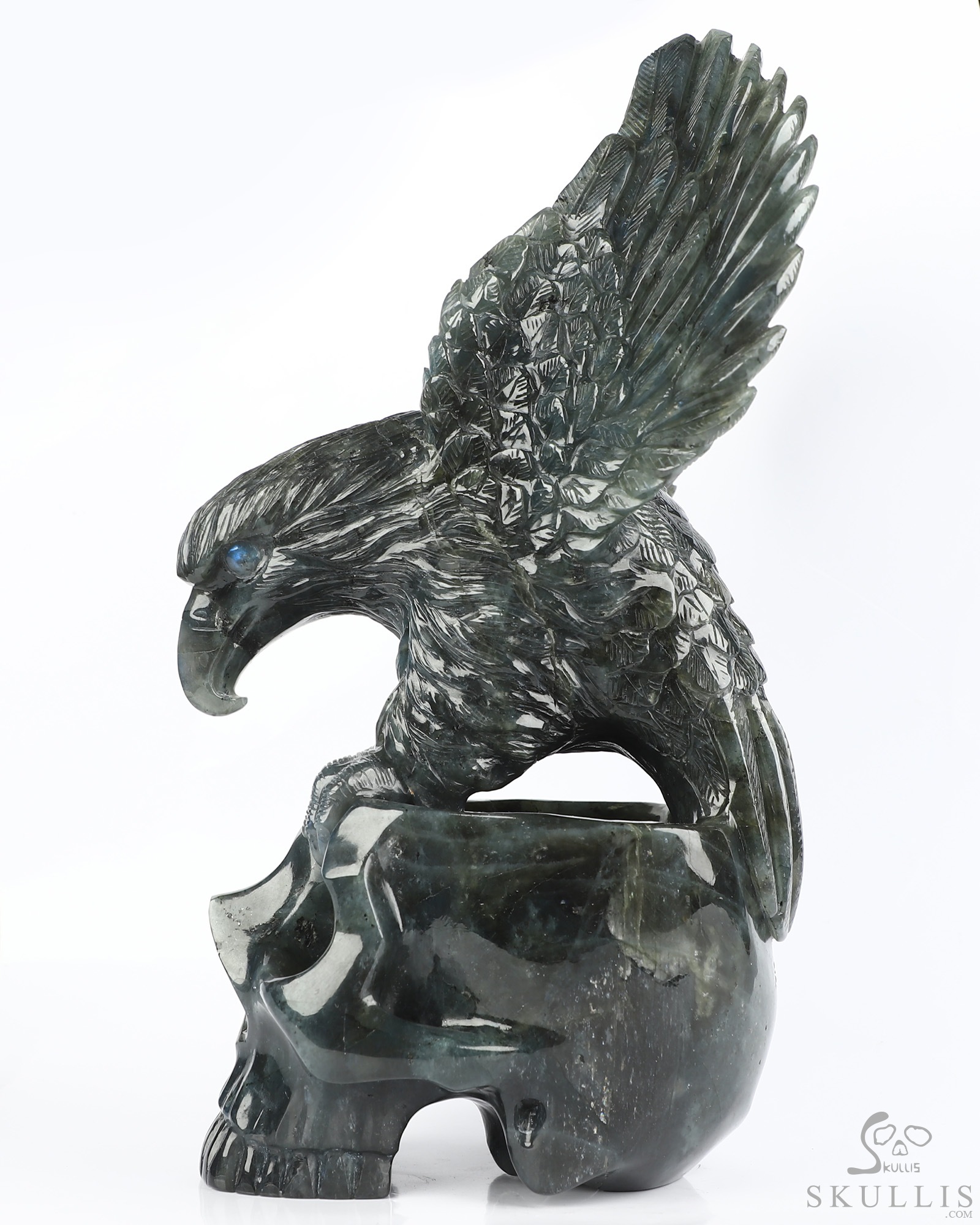 9.5" Flash Labradorite Hand Carved Crystal Skull and Eagle Fine Art Sculpture, Crystal Healing 9.5" Flash Labradorite Hand Carved Crystal Skull and Eagle Fine Art Sculpture, Crystal Healing
