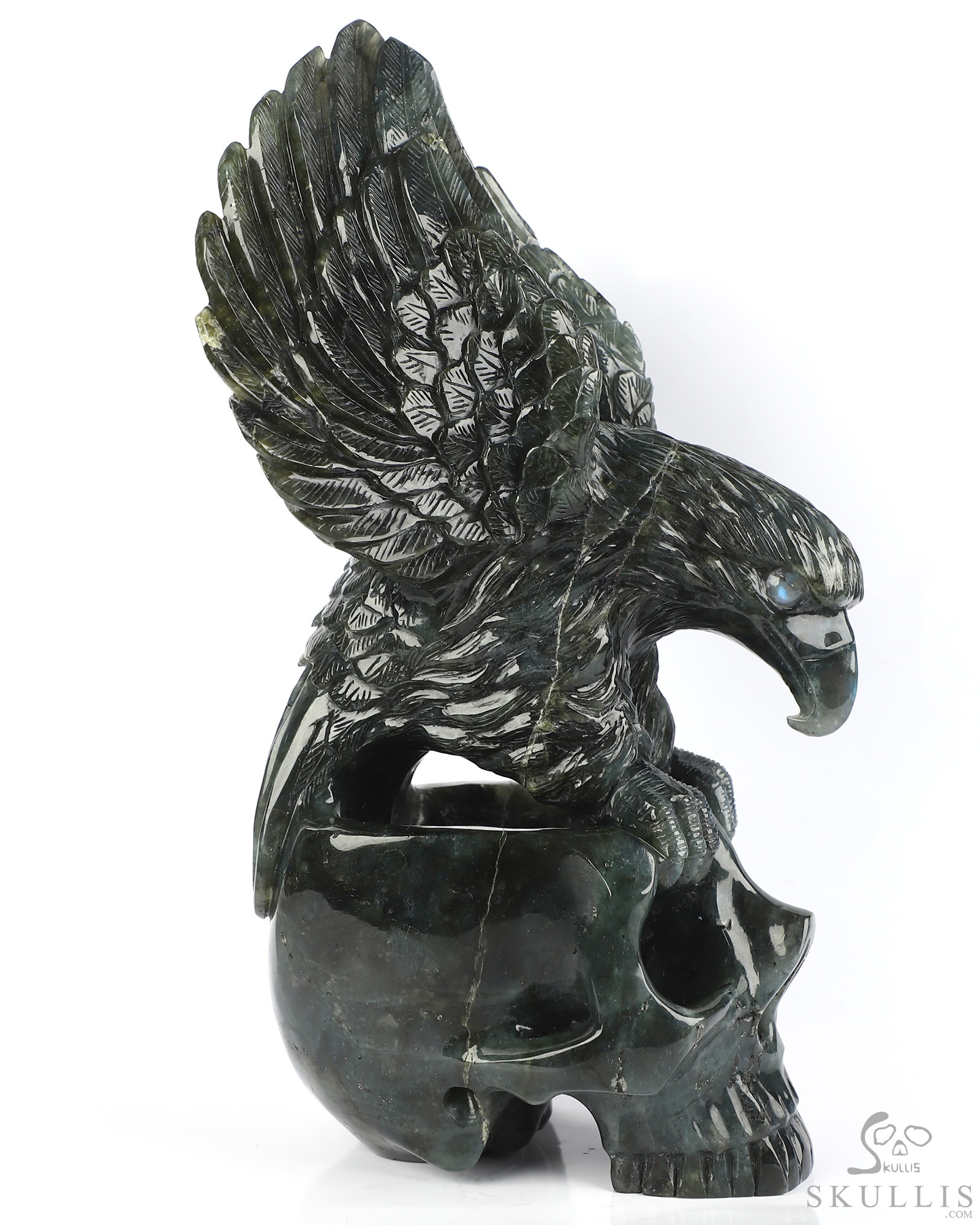 9.5" Flash Labradorite Hand Carved Crystal Skull and Eagle Fine Art Sculpture, Crystal Healing 9.5" Flash Labradorite Hand Carved Crystal Skull and Eagle Fine Art Sculpture, Crystal Healing