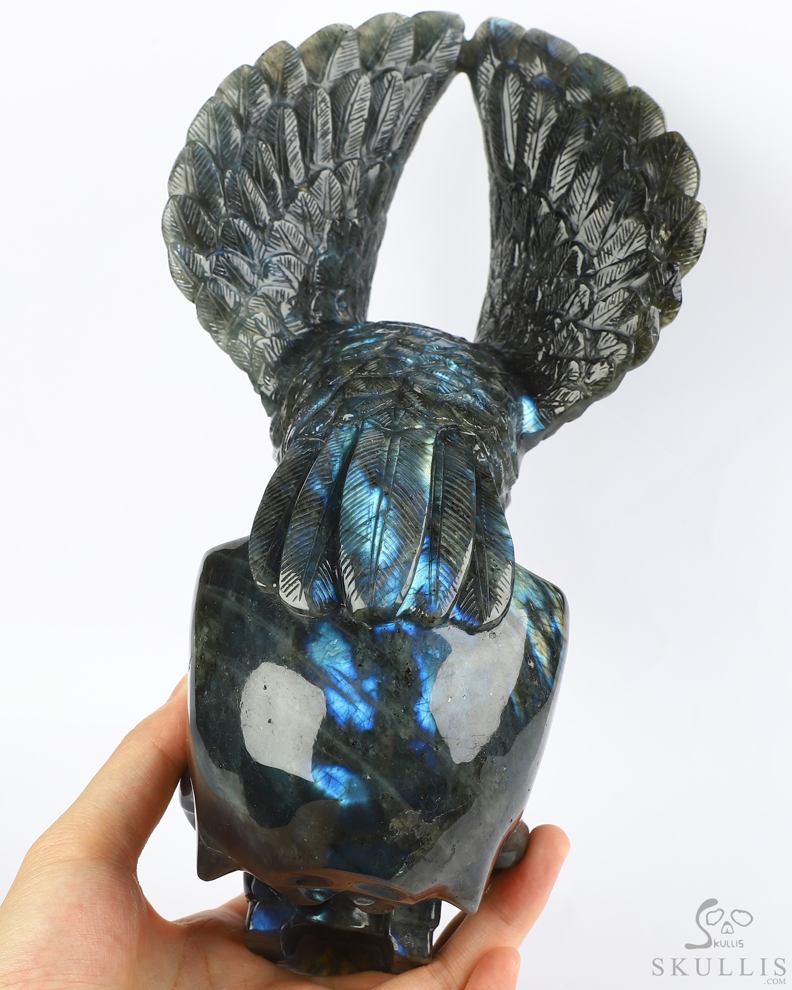 9.5" Flash Labradorite Hand Carved Crystal Skull and Eagle Fine Art Sculpture, Crystal Healing 9.5" Flash Labradorite Hand Carved Crystal Skull and Eagle Fine Art Sculpture, Crystal Healing