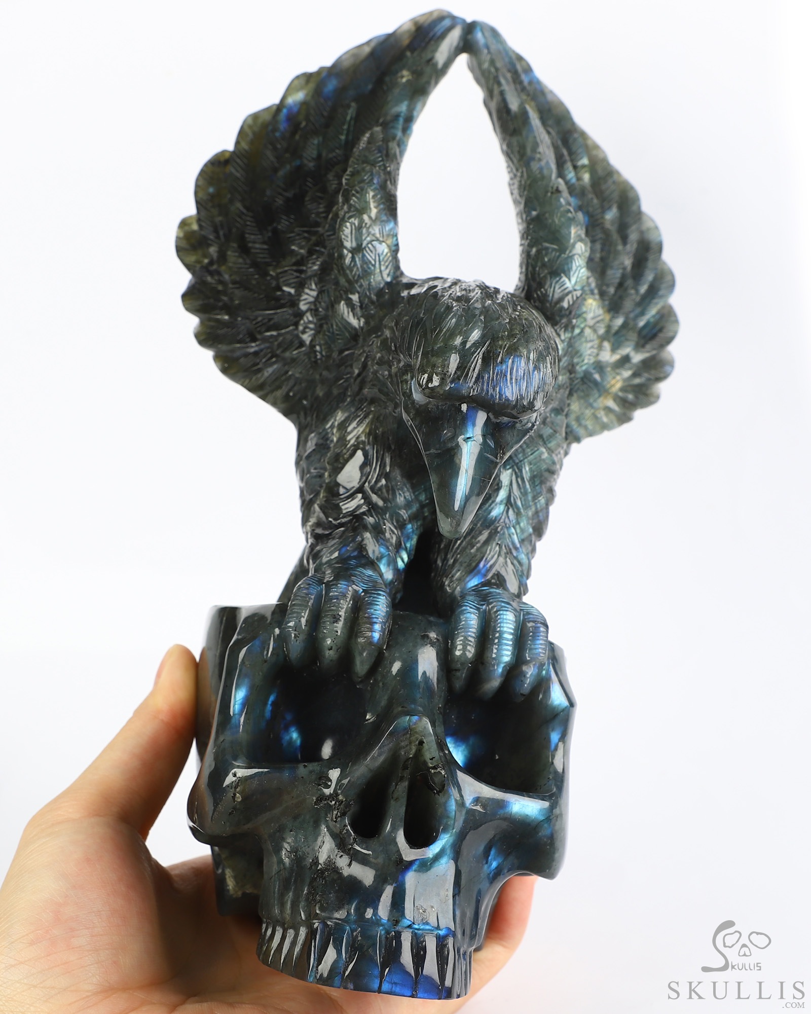 9.5" Flash Labradorite Hand Carved Crystal Skull and Eagle Fine Art Sculpture, Crystal Healing 9.5" Flash Labradorite Hand Carved Crystal Skull and Eagle Fine Art Sculpture, Crystal Healing