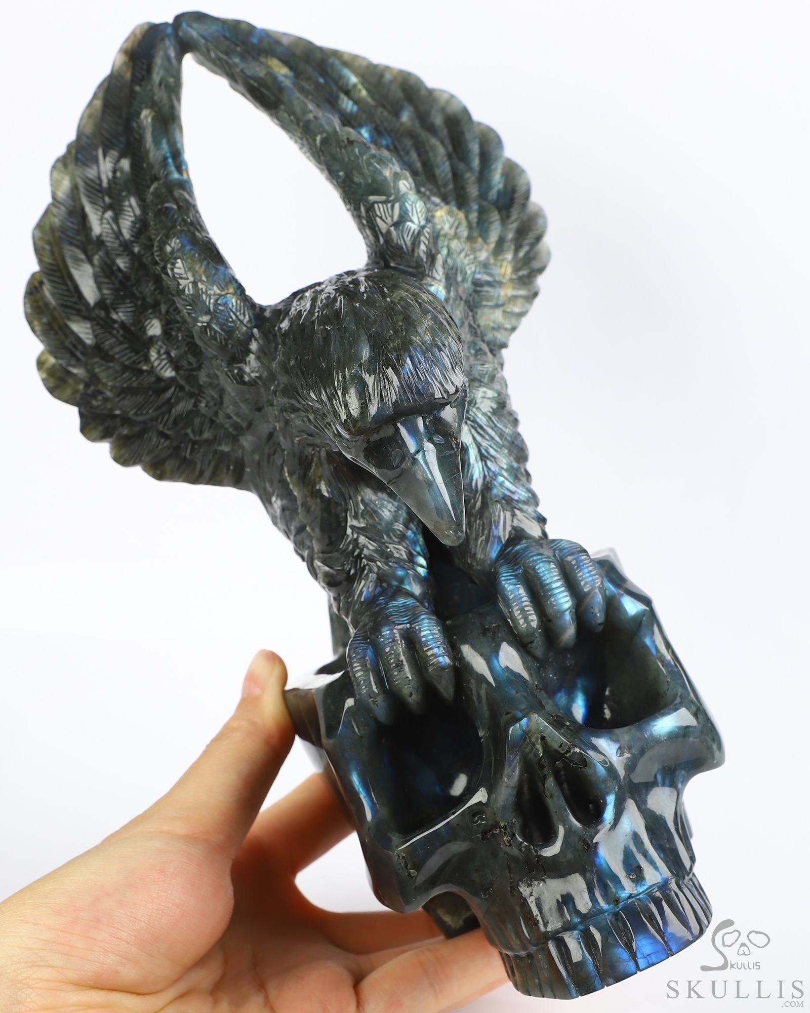 9.5" Flash Labradorite Hand Carved Crystal Skull and Eagle Fine Art Sculpture, Crystal Healing 9.5" Flash Labradorite Hand Carved Crystal Skull and Eagle Fine Art Sculpture, Crystal Healing