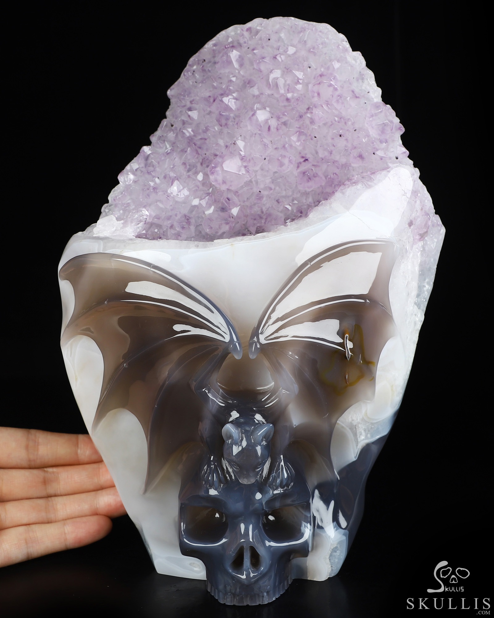 July 24, 2026 ACSAD (A Crystal Skull a Day) - Moonlit Embrace of Transylvania - 9.4" Agate Amethyst Geode Carved Bat And Crystal Skull Fine Art Sculpture, Crystal Healing July 24, 2026 ACSAD (A Crystal Skull a Day) - Moonlit Embrace of Transylvania - 9.4" Agate Amethyst Geode Carved Bat And Crystal Skull Fine Art Sculpture, Crystal Healing
