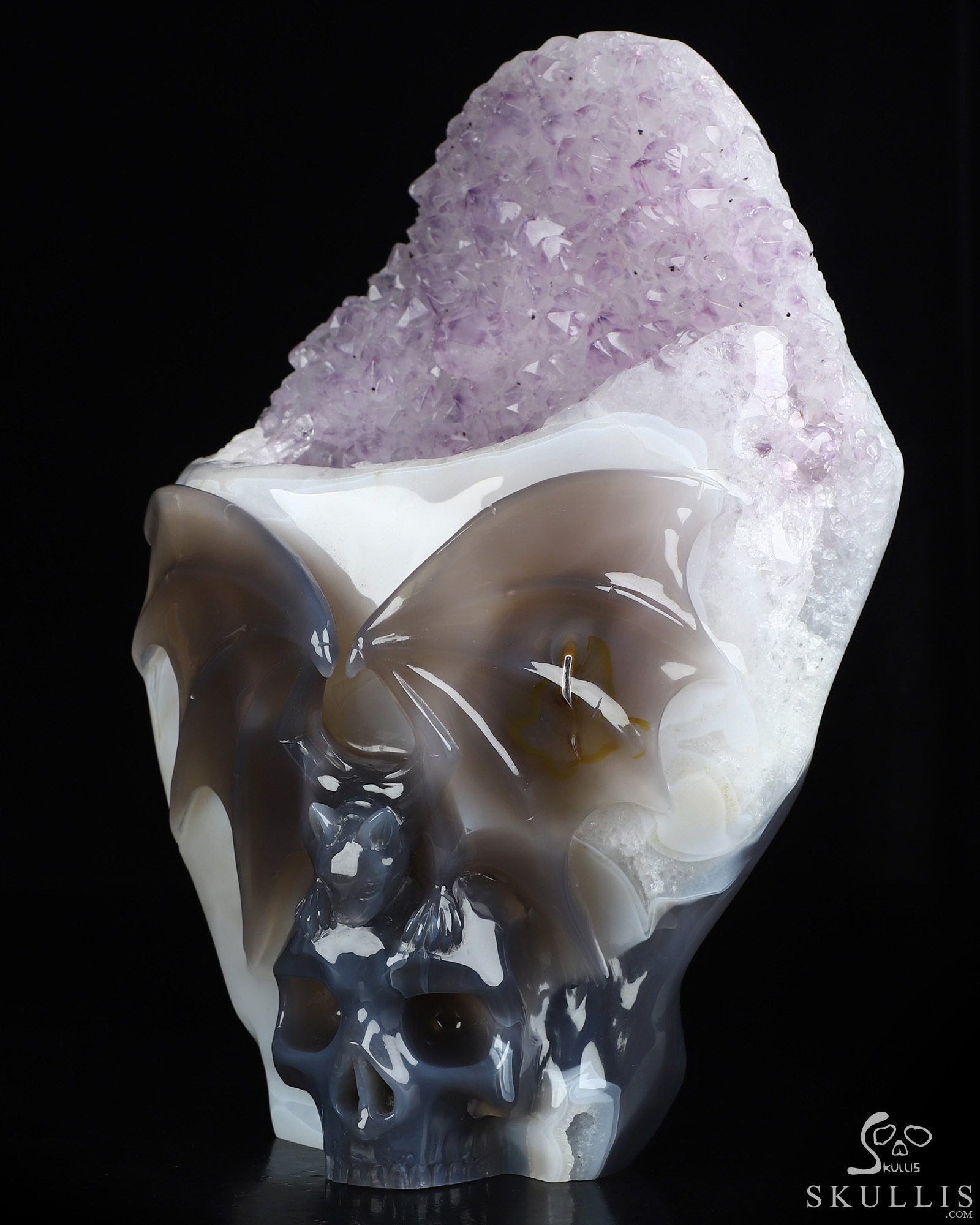 July 24, 2026 ACSAD (A Crystal Skull a Day) - Moonlit Embrace of Transylvania - 9.4" Agate Amethyst Geode Carved Bat And Crystal Skull Fine Art Sculpture, Crystal Healing July 24, 2026 ACSAD (A Crystal Skull a Day) - Moonlit Embrace of Transylvania - 9.4" Agate Amethyst Geode Carved Bat And Crystal Skull Fine Art Sculpture, Crystal Healing