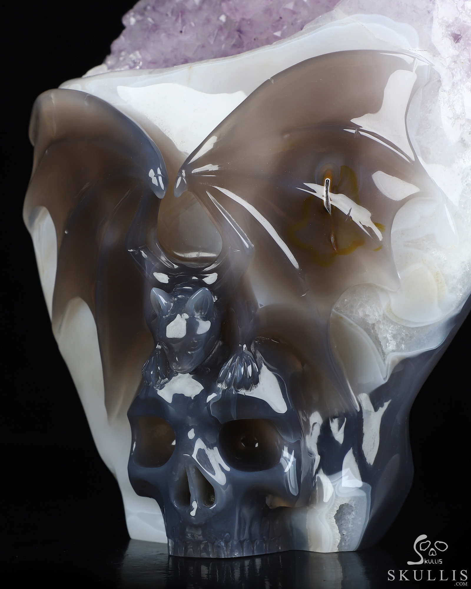 July 24, 2026 ACSAD (A Crystal Skull a Day) - Moonlit Embrace of Transylvania - 9.4" Agate Amethyst Geode Carved Bat And Crystal Skull Fine Art Sculpture, Crystal Healing July 24, 2026 ACSAD (A Crystal Skull a Day) - Moonlit Embrace of Transylvania - 9.4" Agate Amethyst Geode Carved Bat And Crystal Skull Fine Art Sculpture, Crystal Healing