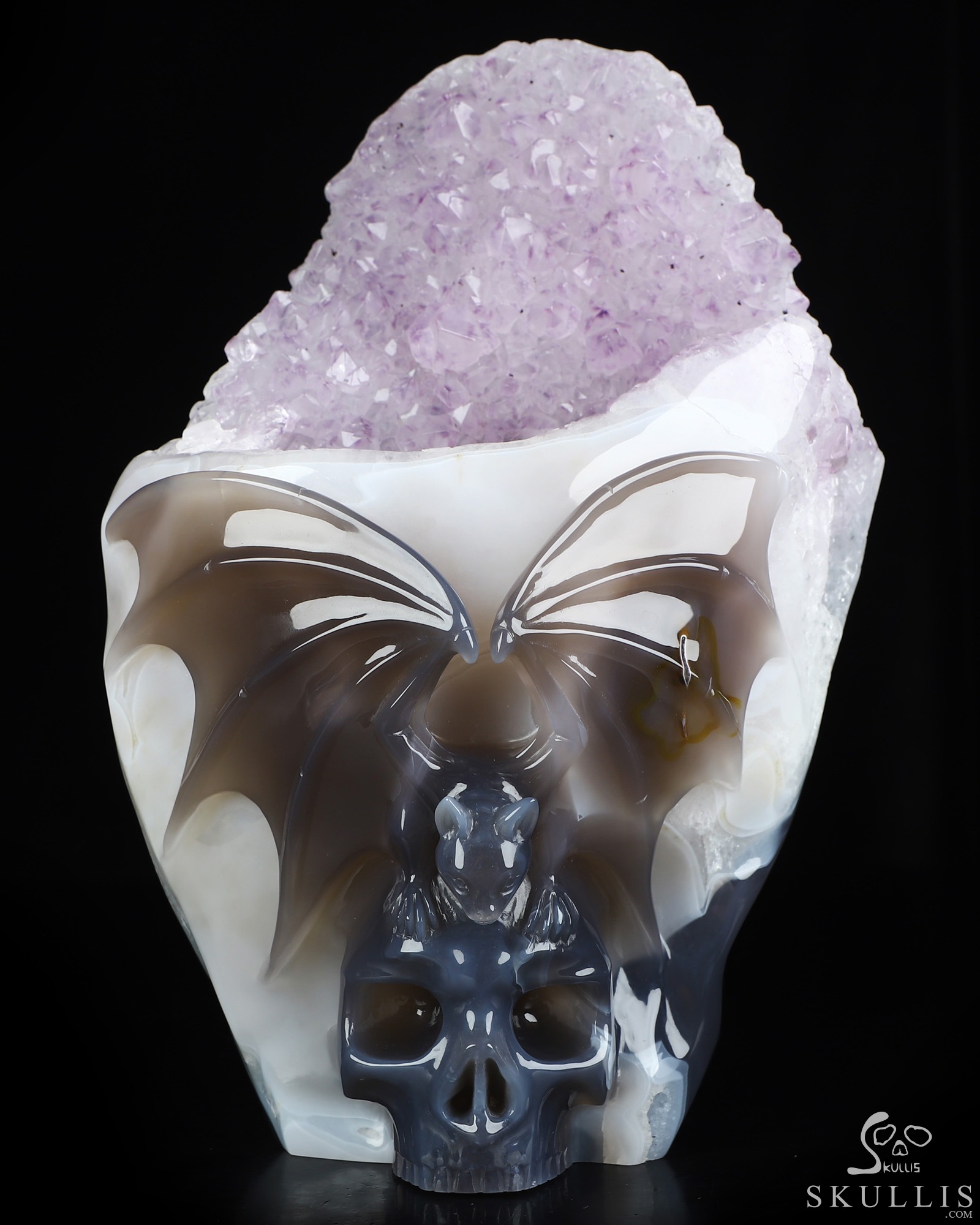 July 24, 2026 ACSAD (A Crystal Skull a Day) - Moonlit Embrace of Transylvania - 9.4" Agate Amethyst Geode Carved Bat And Crystal Skull Fine Art Sculpture, Crystal Healing July 24, 2026 ACSAD (A Crystal Skull a Day) - Moonlit Embrace of Transylvania - 9.4" Agate Amethyst Geode Carved Bat And Crystal Skull Fine Art Sculpture, Crystal Healing