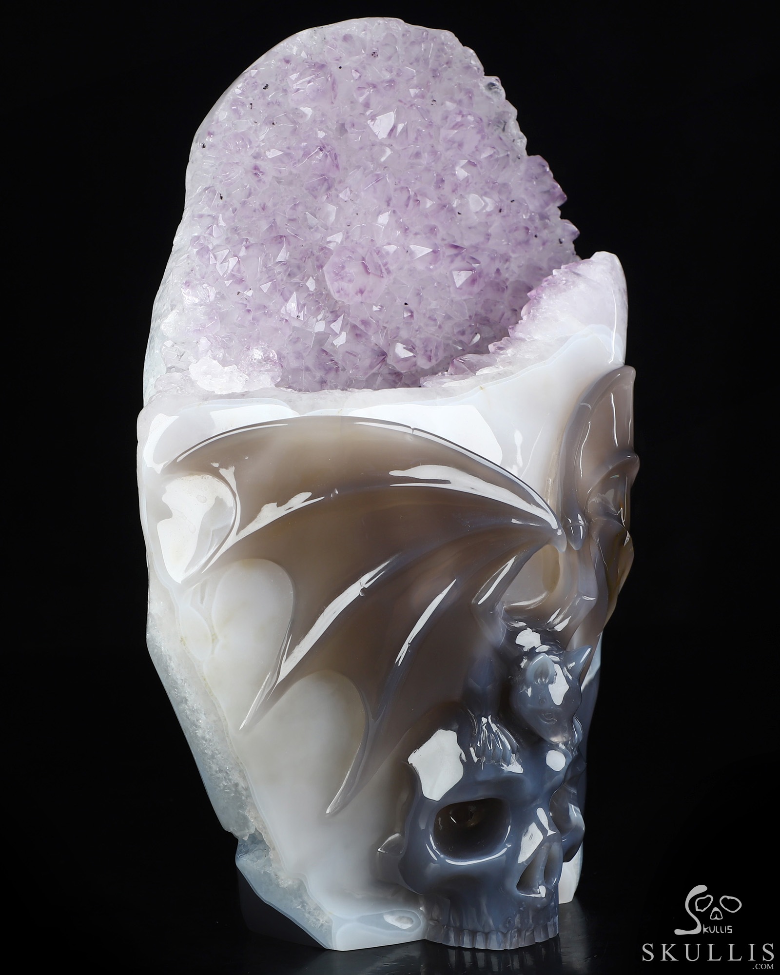 July 24, 2026 ACSAD (A Crystal Skull a Day) - Moonlit Embrace of Transylvania - 9.4" Agate Amethyst Geode Carved Bat And Crystal Skull Fine Art Sculpture, Crystal Healing July 24, 2026 ACSAD (A Crystal Skull a Day) - Moonlit Embrace of Transylvania - 9.4" Agate Amethyst Geode Carved Bat And Crystal Skull Fine Art Sculpture, Crystal Healing