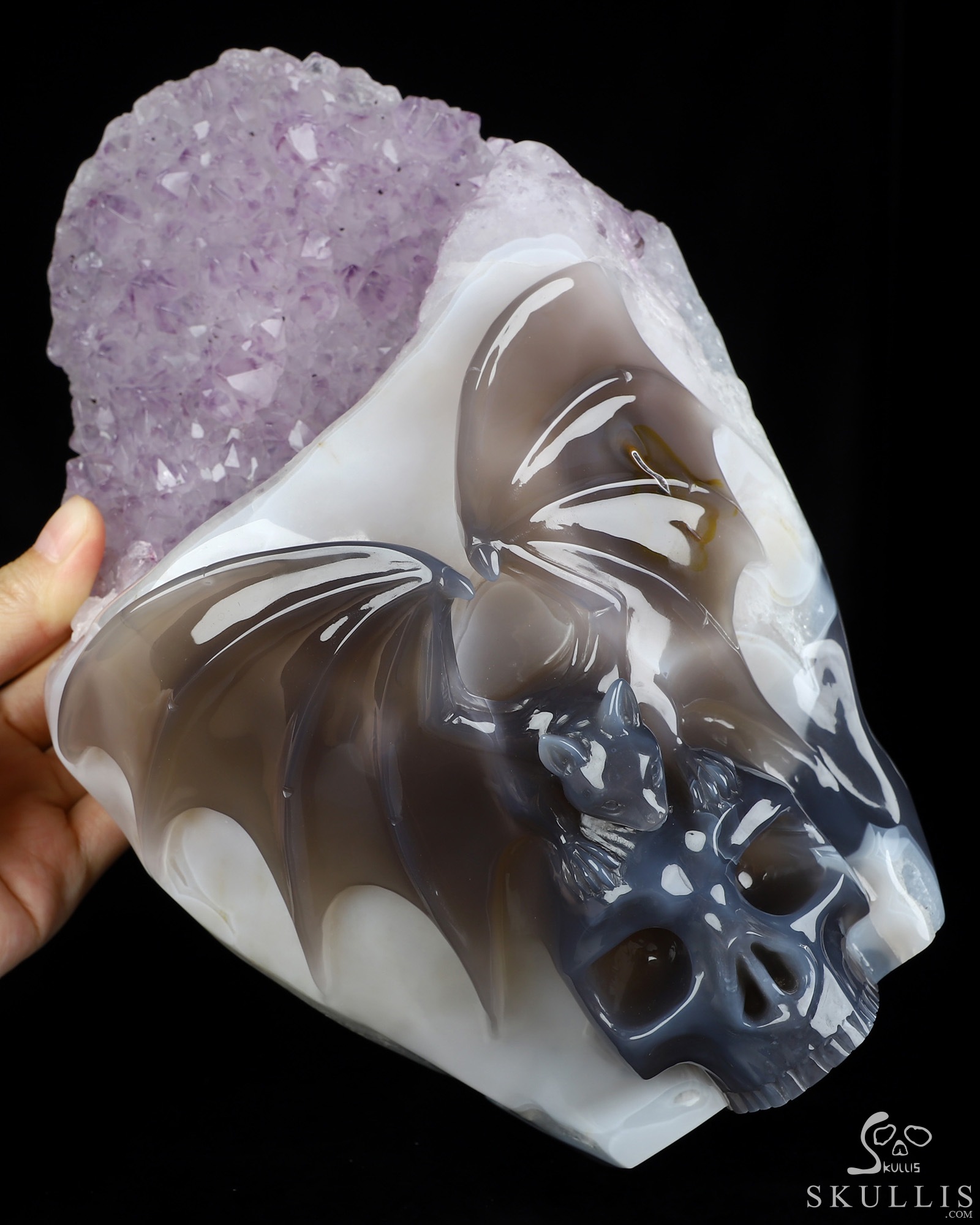 July 24, 2026 ACSAD (A Crystal Skull a Day) - Moonlit Embrace of Transylvania - 9.4" Agate Amethyst Geode Carved Bat And Crystal Skull Fine Art Sculpture, Crystal Healing July 24, 2026 ACSAD (A Crystal Skull a Day) - Moonlit Embrace of Transylvania - 9.4" Agate Amethyst Geode Carved Bat And Crystal Skull Fine Art Sculpture, Crystal Healing