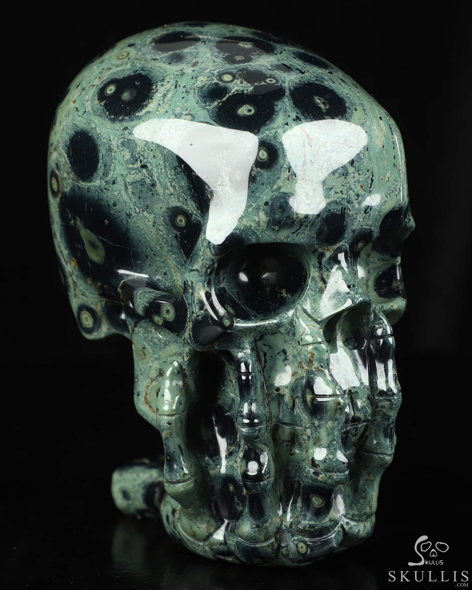 The Thinker---5.6" Kambaba Jasper Hand Carved Crystal Skull & Skeletal Hand Sculpture, Crystal Healing The Thinker---5.6" Kambaba Jasper Hand Carved Crystal Skull & Skeletal Hand Sculpture, Crystal Healing