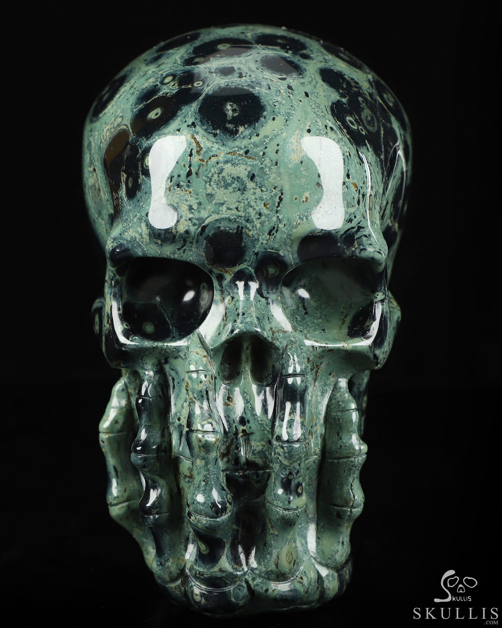 The Thinker---5.6" Kambaba Jasper Hand Carved Crystal Skull & Skeletal Hand Sculpture, Crystal Healing The Thinker---5.6" Kambaba Jasper Hand Carved Crystal Skull & Skeletal Hand Sculpture, Crystal Healing