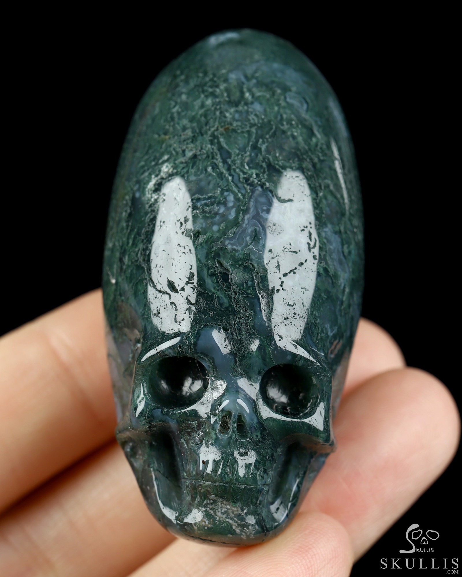 2.0" Green Moss Agate Hand Carved Incan Crystal Skull Sculpture, Crystal Healing 2.0" Green Moss Agate Hand Carved Incan Crystal Skull Sculpture, Crystal Healing