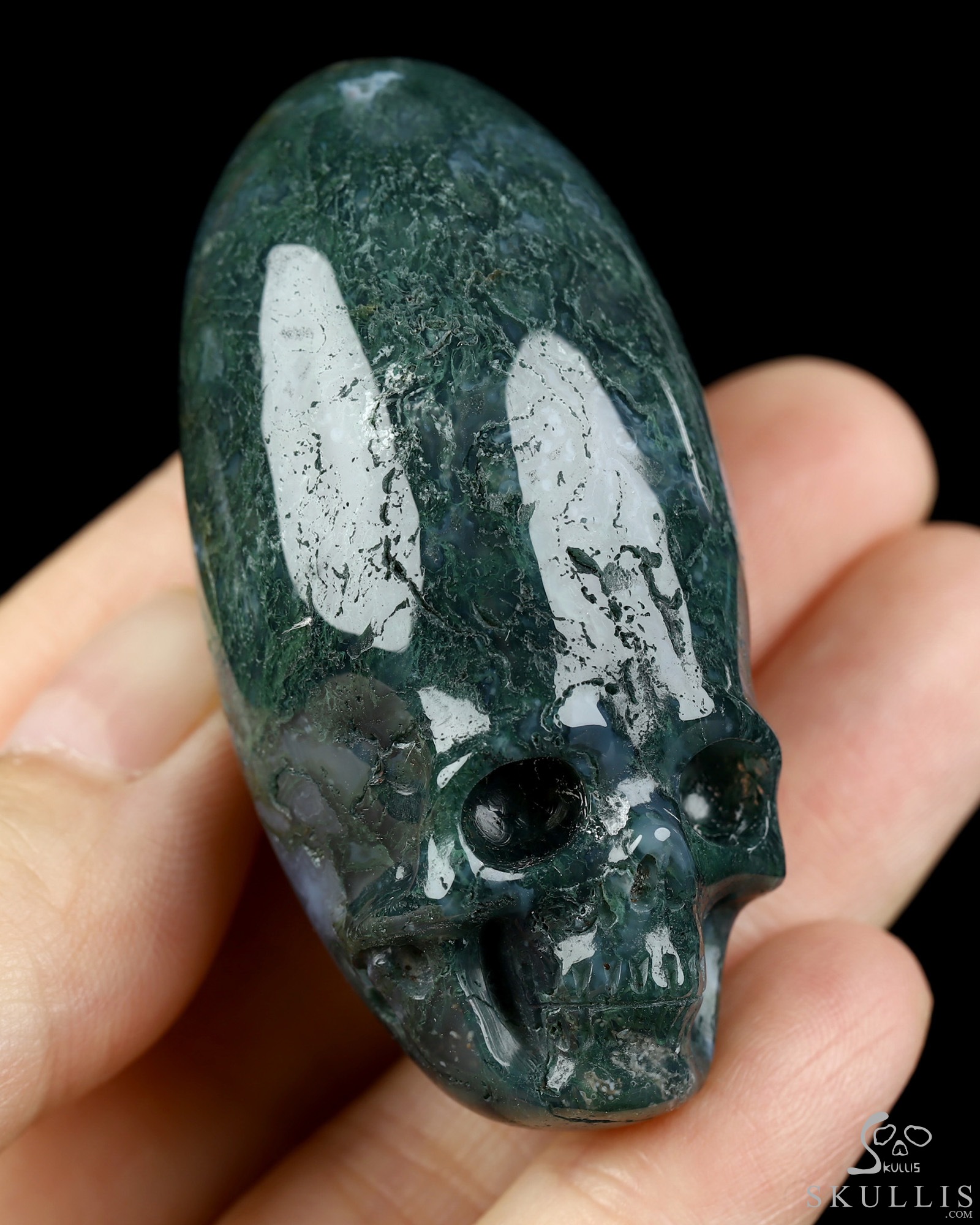 2.0" Green Moss Agate Hand Carved Incan Crystal Skull Sculpture, Crystal Healing 2.0" Green Moss Agate Hand Carved Incan Crystal Skull Sculpture, Crystal Healing