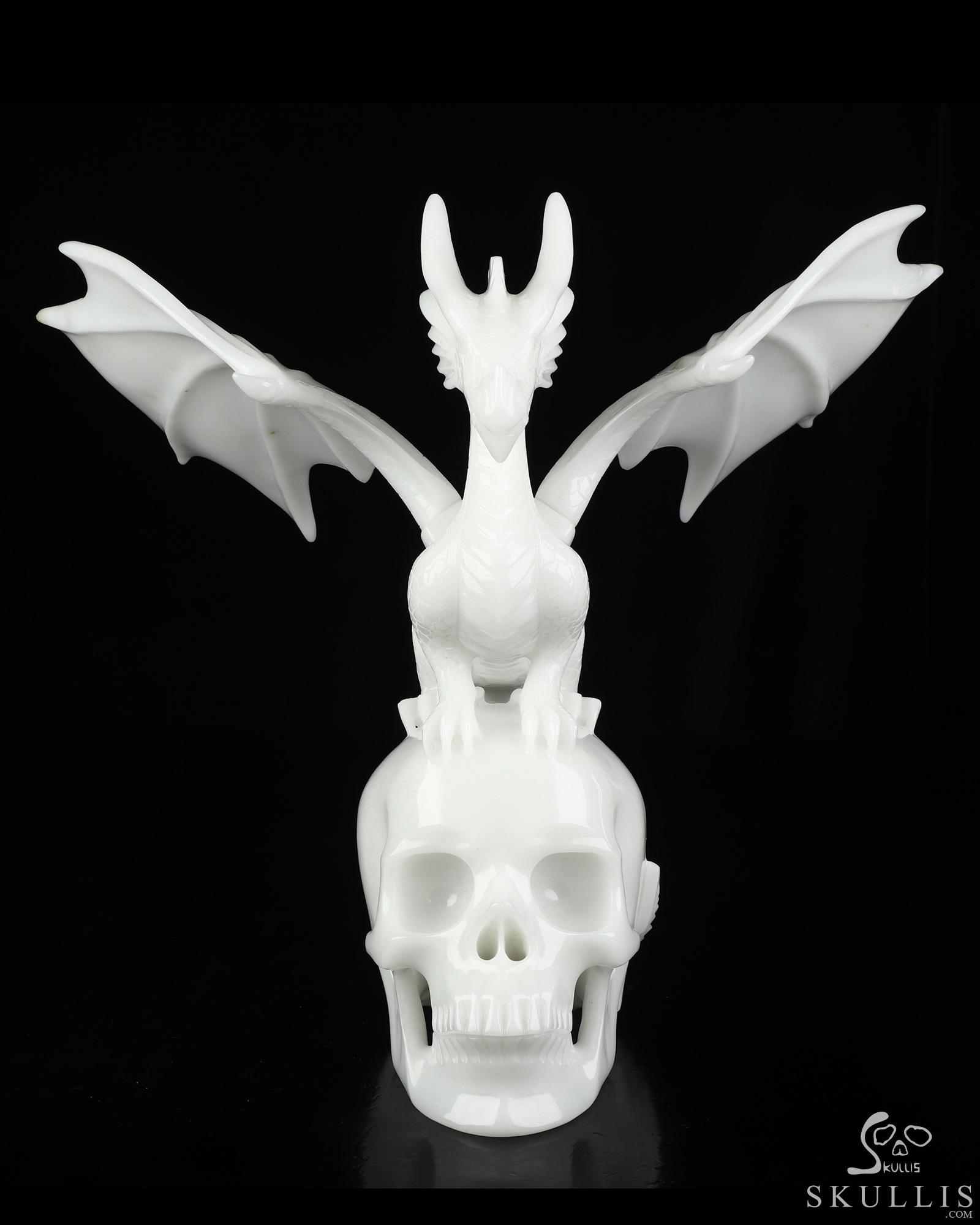 10.8" White Jade Hand Carved Crystal Skull and Dragon with Detachable Wings Fine Art Sculpture, Crystal Healing 10.8" White Jade Hand Carved Crystal Skull and Dragon with Detachable Wings Fine Art Sculpture, Crystal Healing