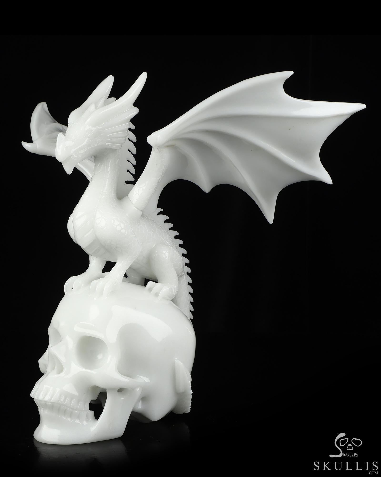 10.8" White Jade Hand Carved Crystal Skull and Dragon with Detachable Wings Fine Art Sculpture, Crystal Healing 10.8" White Jade Hand Carved Crystal Skull and Dragon with Detachable Wings Fine Art Sculpture, Crystal Healing
