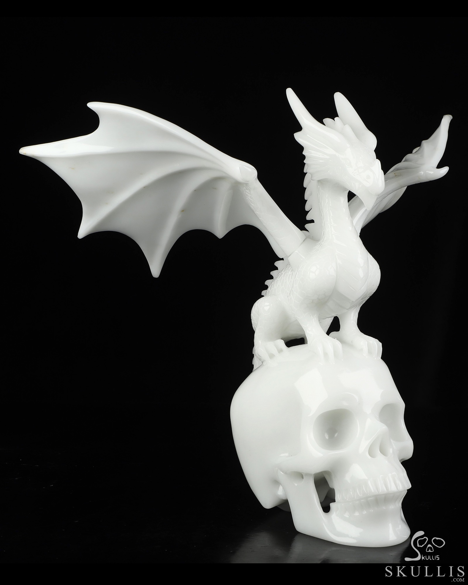 10.8" White Jade Hand Carved Crystal Skull and Dragon with Detachable Wings Fine Art Sculpture, Crystal Healing 10.8" White Jade Hand Carved Crystal Skull and Dragon with Detachable Wings Fine Art Sculpture, Crystal Healing