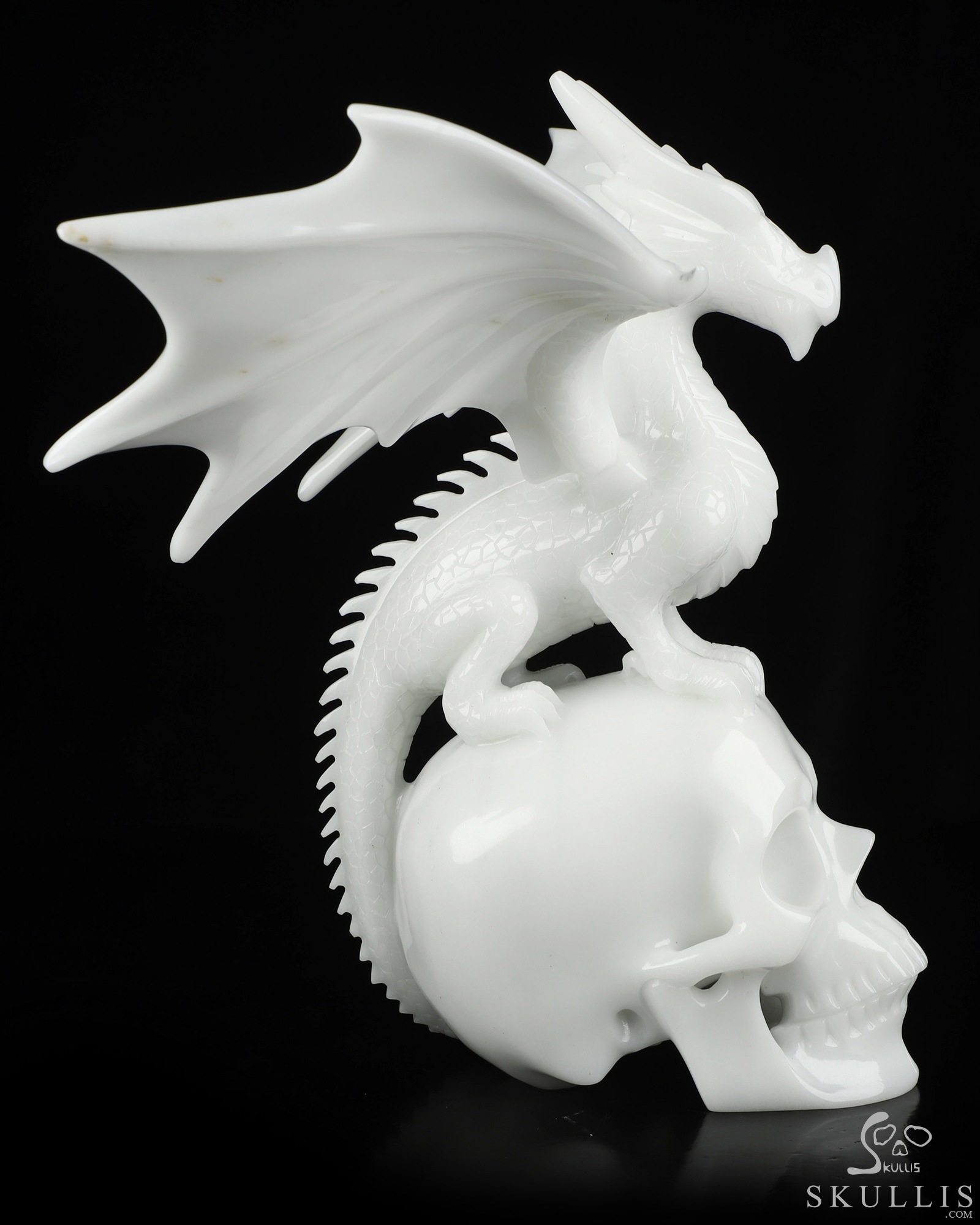 10.8" White Jade Hand Carved Crystal Skull and Dragon with Detachable Wings Fine Art Sculpture, Crystal Healing 10.8" White Jade Hand Carved Crystal Skull and Dragon with Detachable Wings Fine Art Sculpture, Crystal Healing