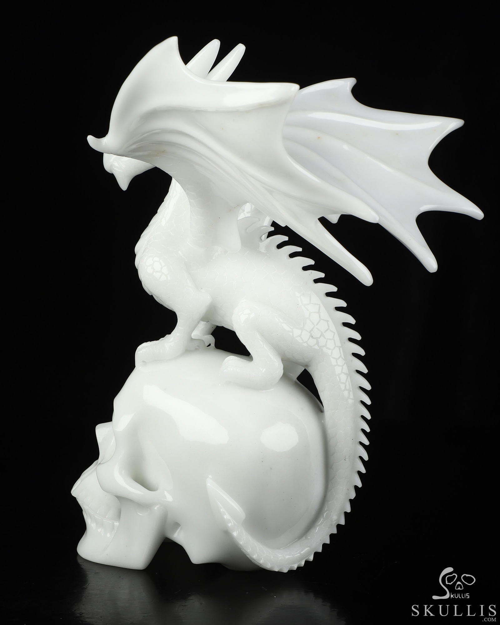 10.8" White Jade Hand Carved Crystal Skull and Dragon with Detachable Wings Fine Art Sculpture, Crystal Healing 10.8" White Jade Hand Carved Crystal Skull and Dragon with Detachable Wings Fine Art Sculpture, Crystal Healing