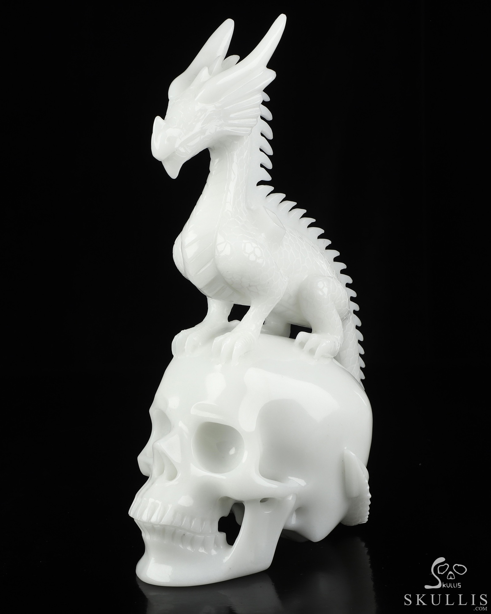 10.8" White Jade Hand Carved Crystal Skull and Dragon with Detachable Wings Fine Art Sculpture, Crystal Healing 10.8" White Jade Hand Carved Crystal Skull and Dragon with Detachable Wings Fine Art Sculpture, Crystal Healing