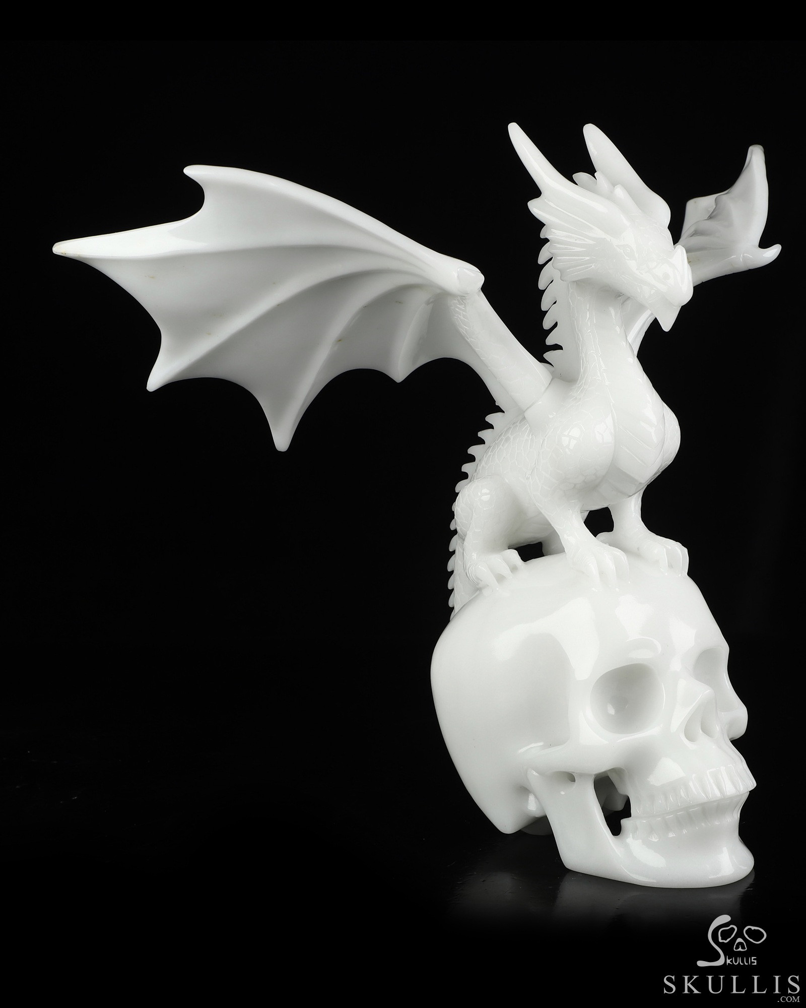 10.8" White Jade Hand Carved Crystal Skull and Dragon with Detachable Wings Fine Art Sculpture, Crystal Healing 10.8" White Jade Hand Carved Crystal Skull and Dragon with Detachable Wings Fine Art Sculpture, Crystal Healing
