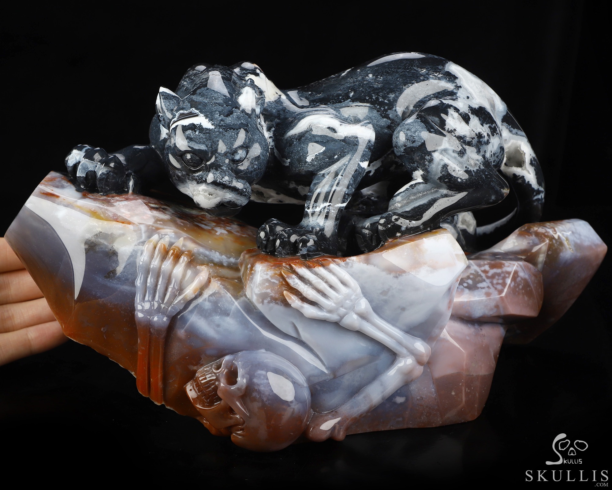 Sept 8, 2026 ACSAD (A Crystal Skull a Day) - The Grasp and the Gaze - 10.4" Black Zebra Agate Hand Carved Leopard & Crystal Skull Fine Art Sculpture, Crystal Healing Sept 8, 2026 ACSAD (A Crystal Skull a Day) - The Grasp and the Gaze - 10.4" Black Zebra Agate Hand Carved Leopard & Crystal Skull Fine Art Sculpture, Crystal Healing