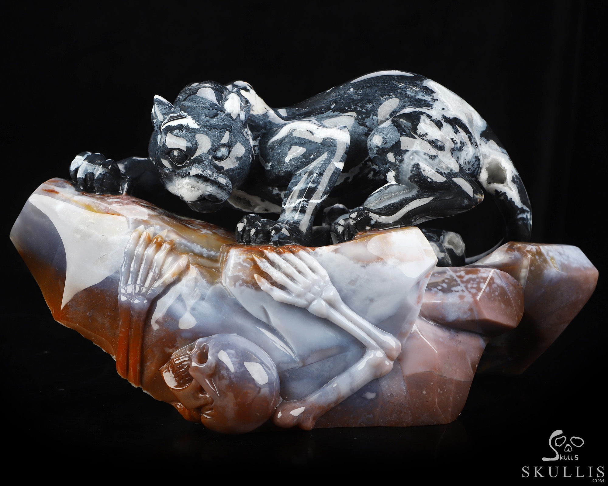 Sept 8, 2026 ACSAD (A Crystal Skull a Day) - The Grasp and the Gaze - 10.4" Black Zebra Agate Hand Carved Leopard & Crystal Skull Fine Art Sculpture, Crystal Healing Sept 8, 2026 ACSAD (A Crystal Skull a Day) - The Grasp and the Gaze - 10.4" Black Zebra Agate Hand Carved Leopard & Crystal Skull Fine Art Sculpture, Crystal Healing