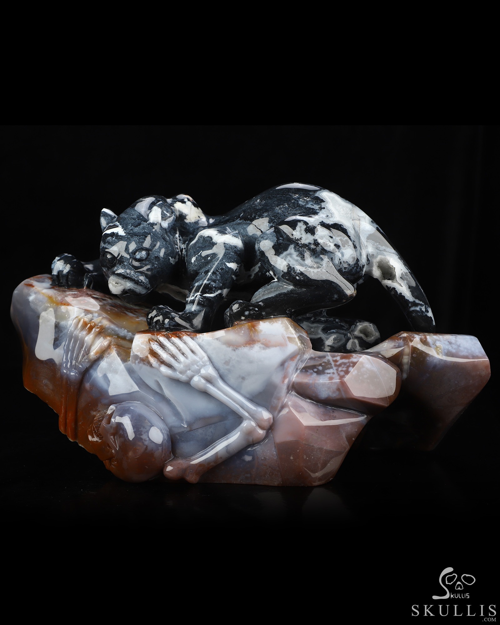 Sept 8, 2026 ACSAD (A Crystal Skull a Day) - The Grasp and the Gaze - 10.4" Black Zebra Agate Hand Carved Leopard & Crystal Skull Fine Art Sculpture, Crystal Healing Sept 8, 2026 ACSAD (A Crystal Skull a Day) - The Grasp and the Gaze - 10.4" Black Zebra Agate Hand Carved Leopard & Crystal Skull Fine Art Sculpture, Crystal Healing
