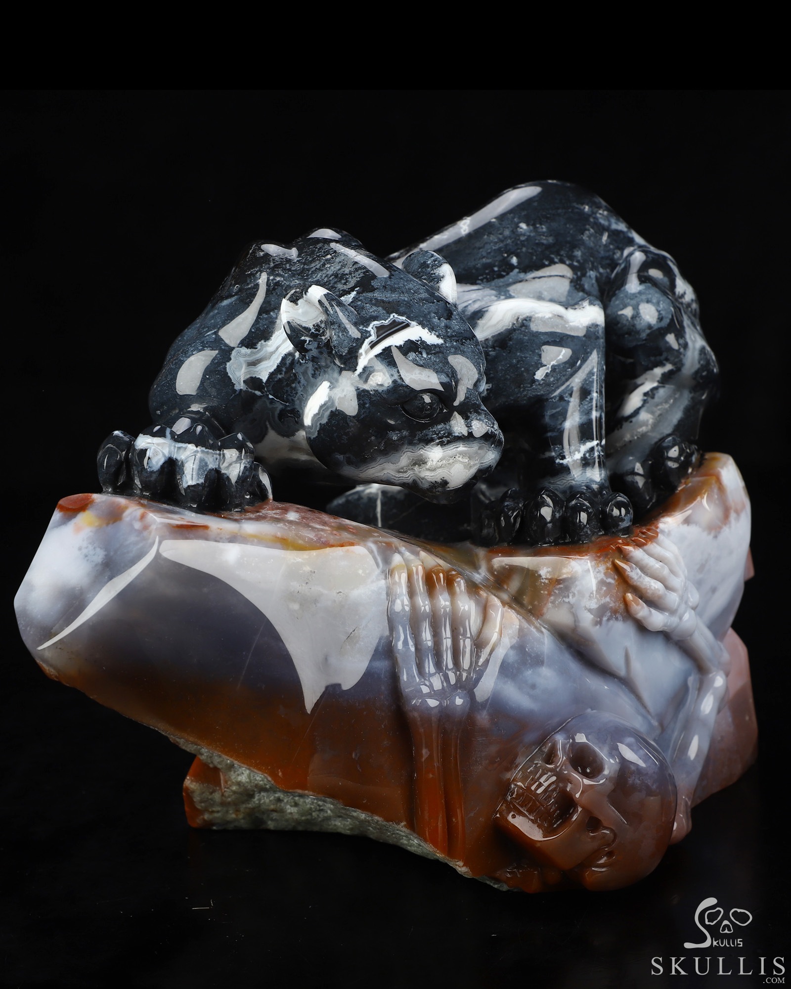 Sept 8, 2026 ACSAD (A Crystal Skull a Day) - The Grasp and the Gaze - 10.4" Black Zebra Agate Hand Carved Leopard & Crystal Skull Fine Art Sculpture, Crystal Healing Sept 8, 2026 ACSAD (A Crystal Skull a Day) - The Grasp and the Gaze - 10.4" Black Zebra Agate Hand Carved Leopard & Crystal Skull Fine Art Sculpture, Crystal Healing