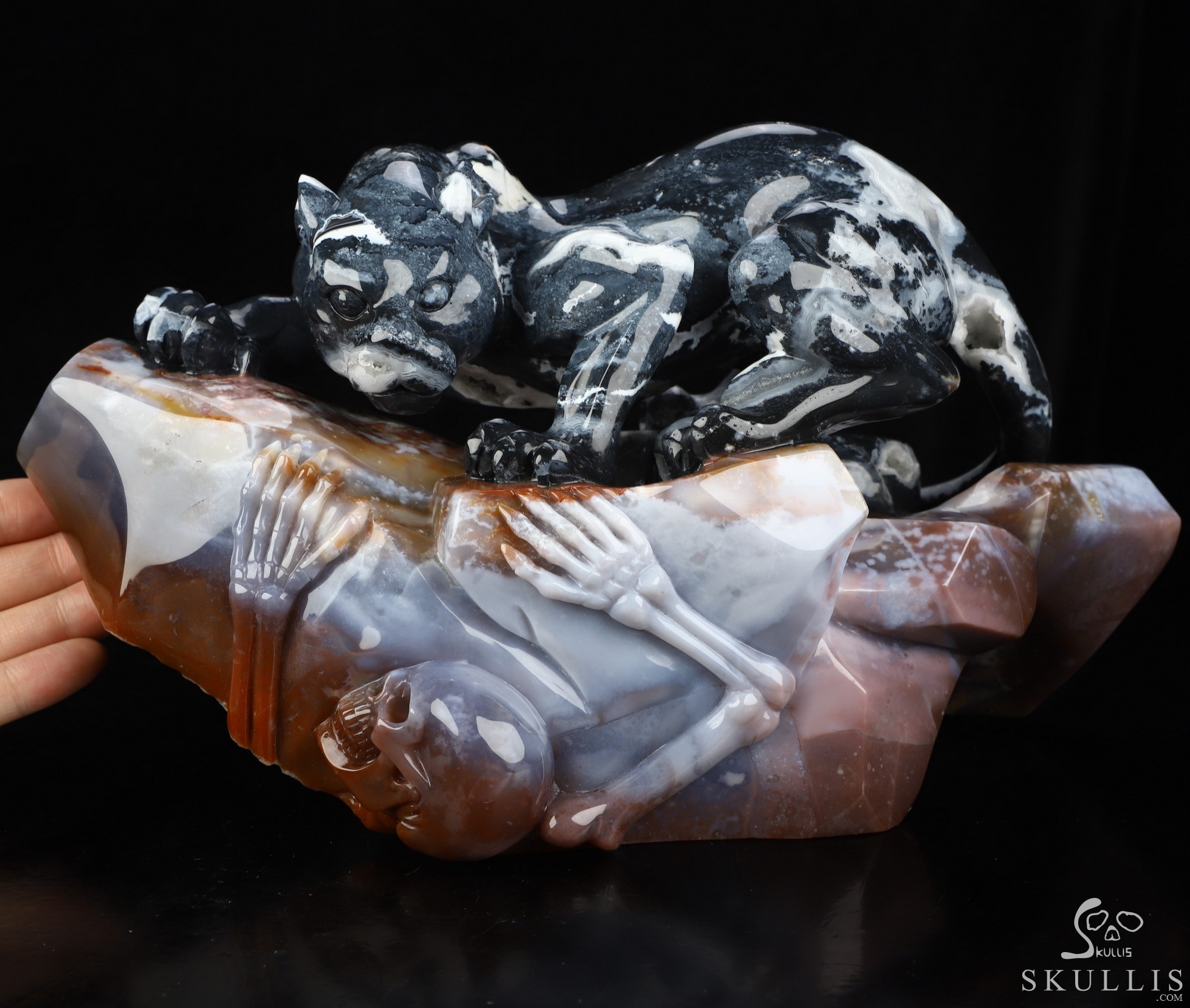 Sept 8, 2026 ACSAD (A Crystal Skull a Day) - The Grasp and the Gaze - 10.4" Black Zebra Agate Hand Carved Leopard & Crystal Skull Fine Art Sculpture, Crystal Healing Sept 8, 2026 ACSAD (A Crystal Skull a Day) - The Grasp and the Gaze - 10.4" Black Zebra Agate Hand Carved Leopard & Crystal Skull Fine Art Sculpture, Crystal Healing