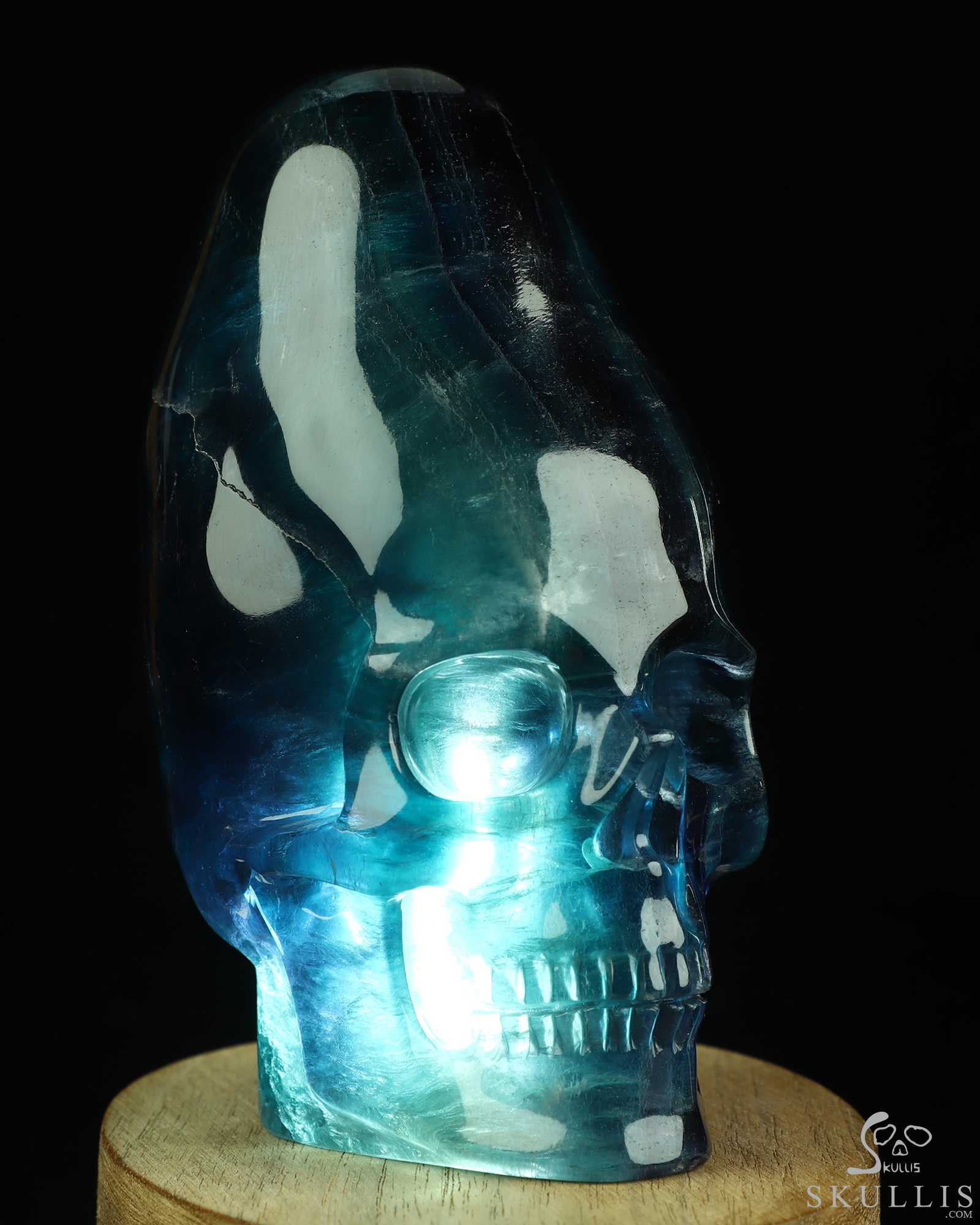 4.8" Hollow Fluorite Hand Carved Incan Crystal Skull Lamp Sculpture With Stand, Crystal Healing 4.8" Hollow Fluorite Hand Carved Incan Crystal Skull Lamp Sculpture With Stand, Crystal Healing