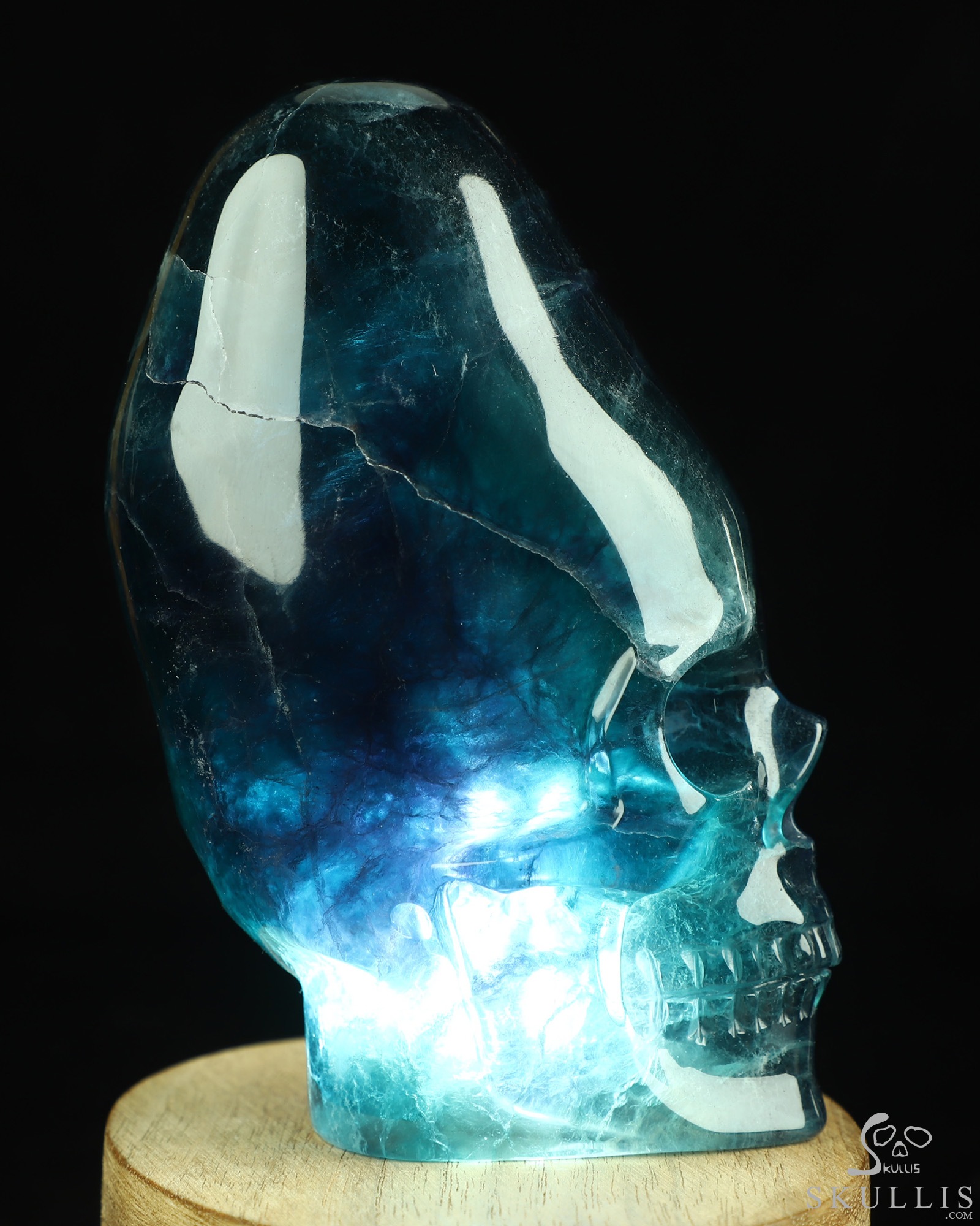 4.8" Hollow Fluorite Hand Carved Incan Crystal Skull Lamp Sculpture With Stand, Crystal Healing 4.8" Hollow Fluorite Hand Carved Incan Crystal Skull Lamp Sculpture With Stand, Crystal Healing