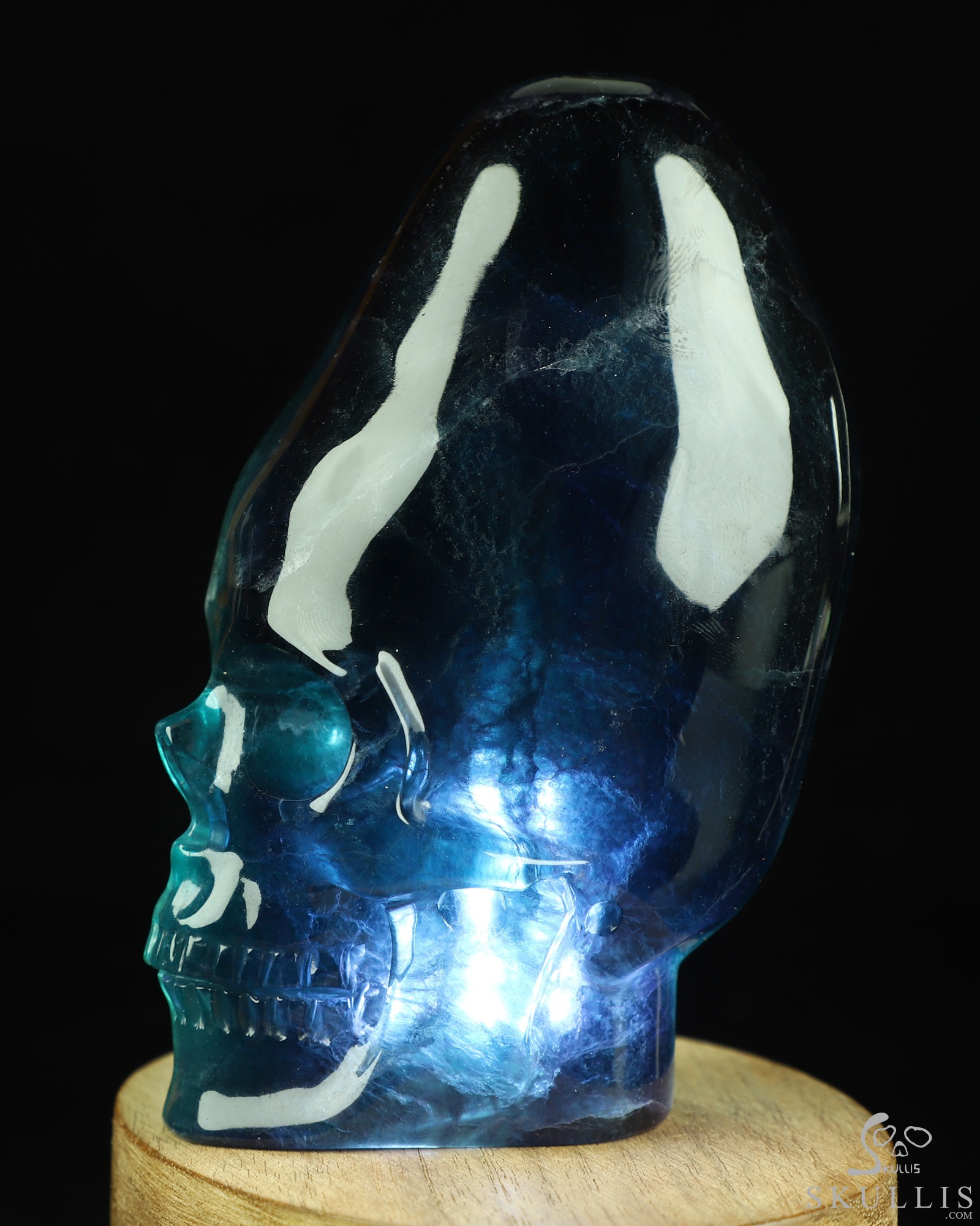 4.8" Hollow Fluorite Hand Carved Incan Crystal Skull Lamp Sculpture With Stand, Crystal Healing 4.8" Hollow Fluorite Hand Carved Incan Crystal Skull Lamp Sculpture With Stand, Crystal Healing