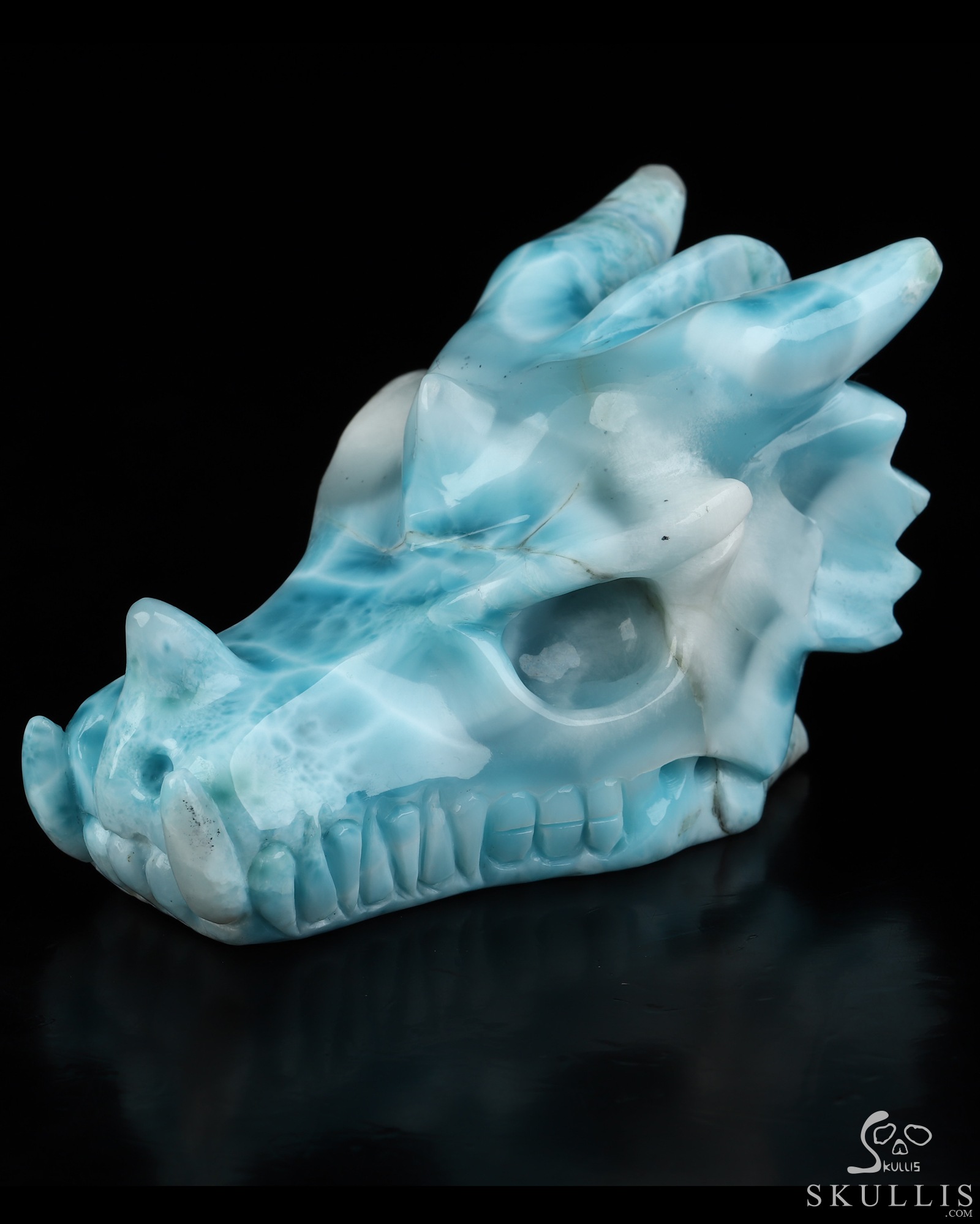 Gemstone 3.4" Larimar Hand Carved Dragon Crystal Skull Sculpture, Crystal Healing Gemstone 3.4" Larimar Hand Carved Dragon Crystal Skull Sculpture, Crystal Healing