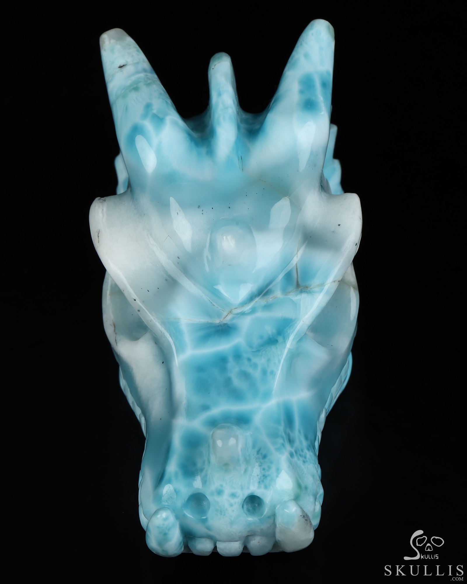 Gemstone 3.4" Larimar Hand Carved Dragon Crystal Skull Sculpture, Crystal Healing Gemstone 3.4" Larimar Hand Carved Dragon Crystal Skull Sculpture, Crystal Healing