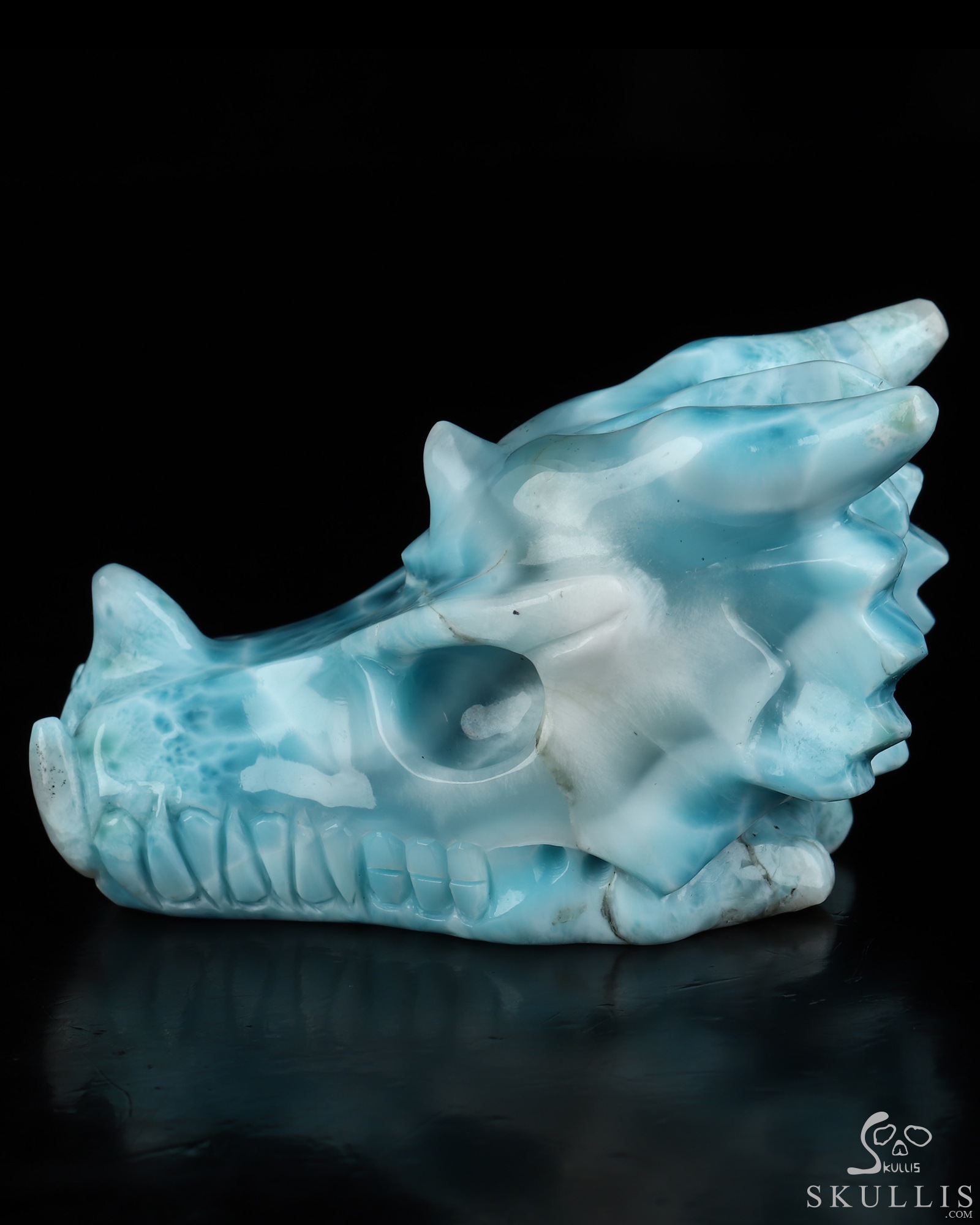 Gemstone 3.4" Larimar Hand Carved Dragon Crystal Skull Sculpture, Crystal Healing Gemstone 3.4" Larimar Hand Carved Dragon Crystal Skull Sculpture, Crystal Healing