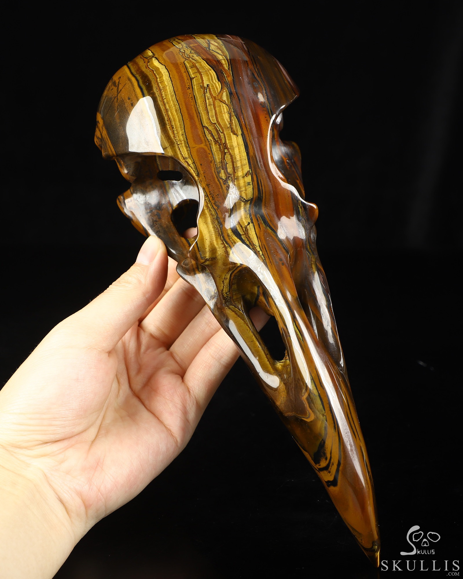8.9" Tiger Iron Eye Hand Carved Raven Crystal Skull Sculpture, Crystal Healing 8.9" Tiger Iron Eye Hand Carved Raven Crystal Skull Sculpture, Crystal Healing