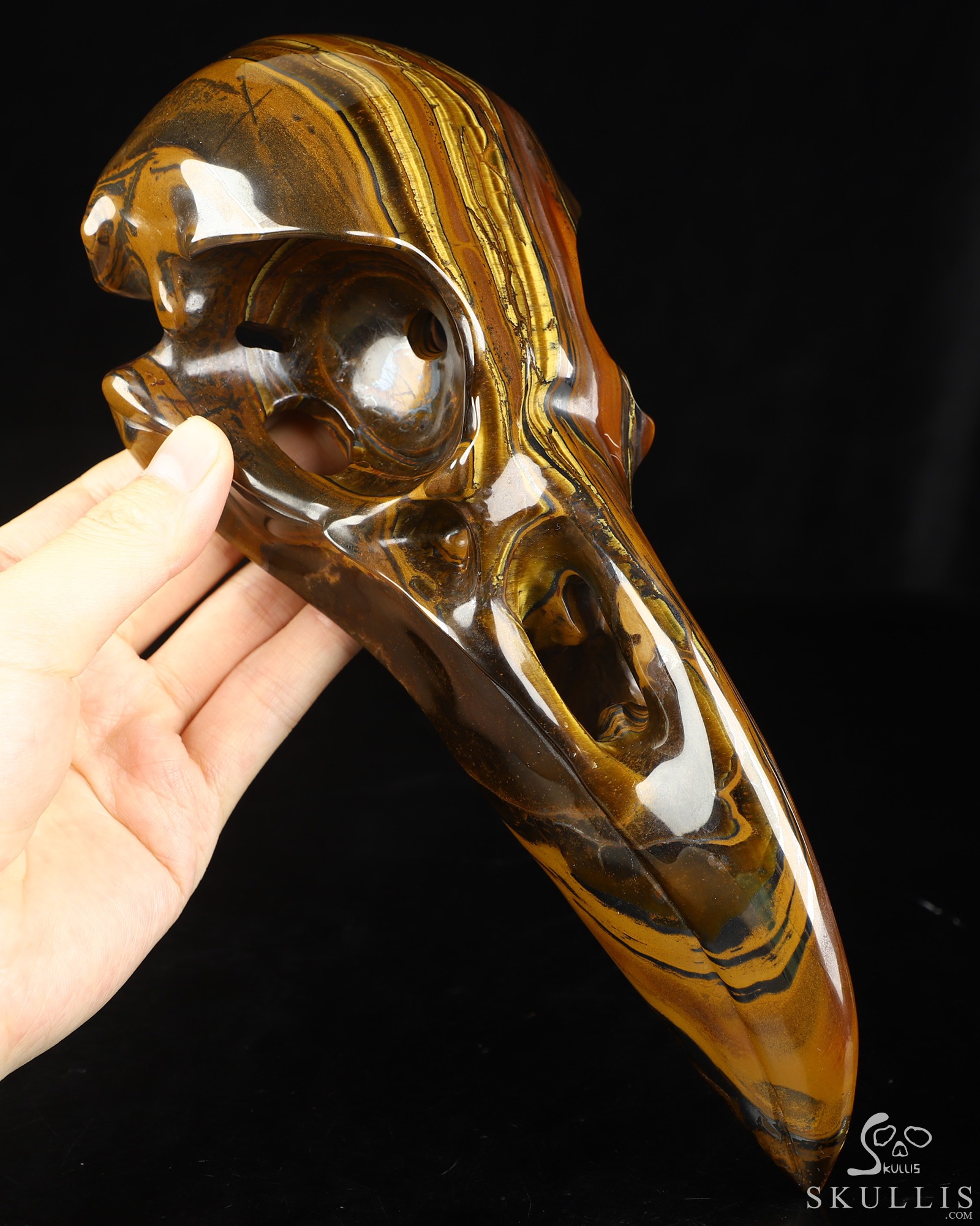 8.9" Tiger Iron Eye Hand Carved Raven Crystal Skull Sculpture, Crystal Healing 8.9" Tiger Iron Eye Hand Carved Raven Crystal Skull Sculpture, Crystal Healing