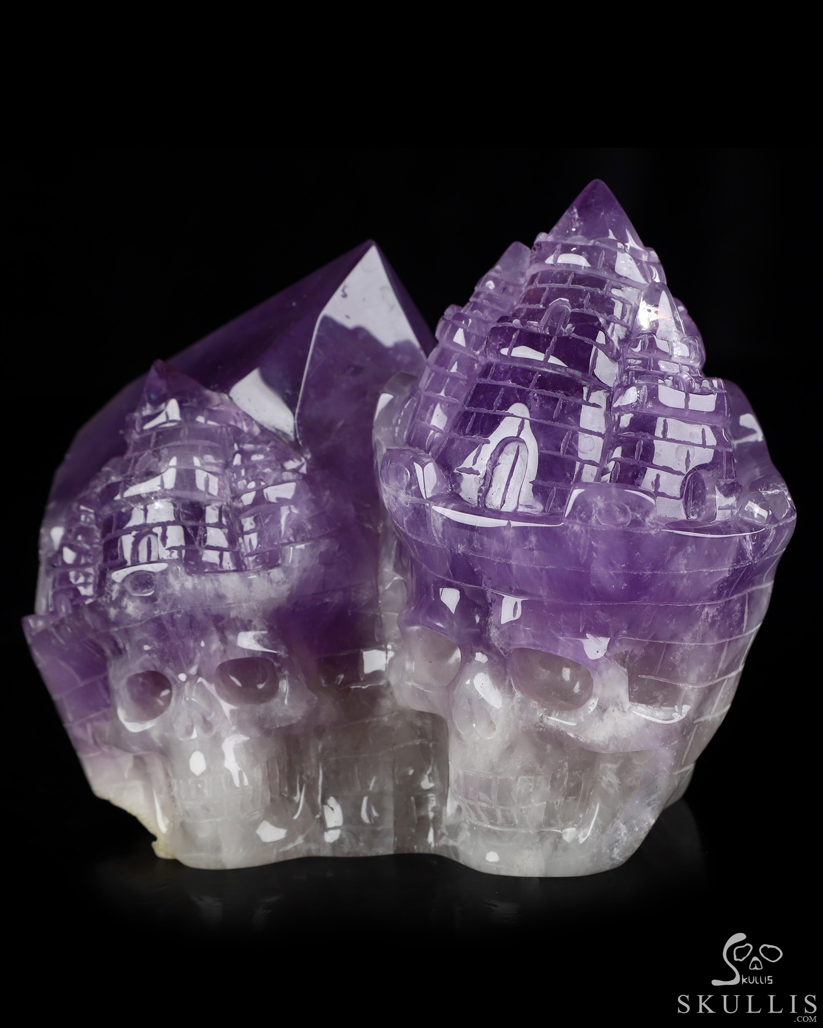 Aug 5, 2026 ACSAD (A Crystal Skull a Day) - The Twin Citadel - Gemstone 6.3" Amethyst Hand Carved Dual Crystal Skull Fine Art Sculpture, Crystal Healing Aug 5, 2026 ACSAD (A Crystal Skull a Day) - The Twin Citadel - Gemstone 6.3" Amethyst Hand Carved Dual Crystal Skull Fine Art Sculpture, Crystal Healing