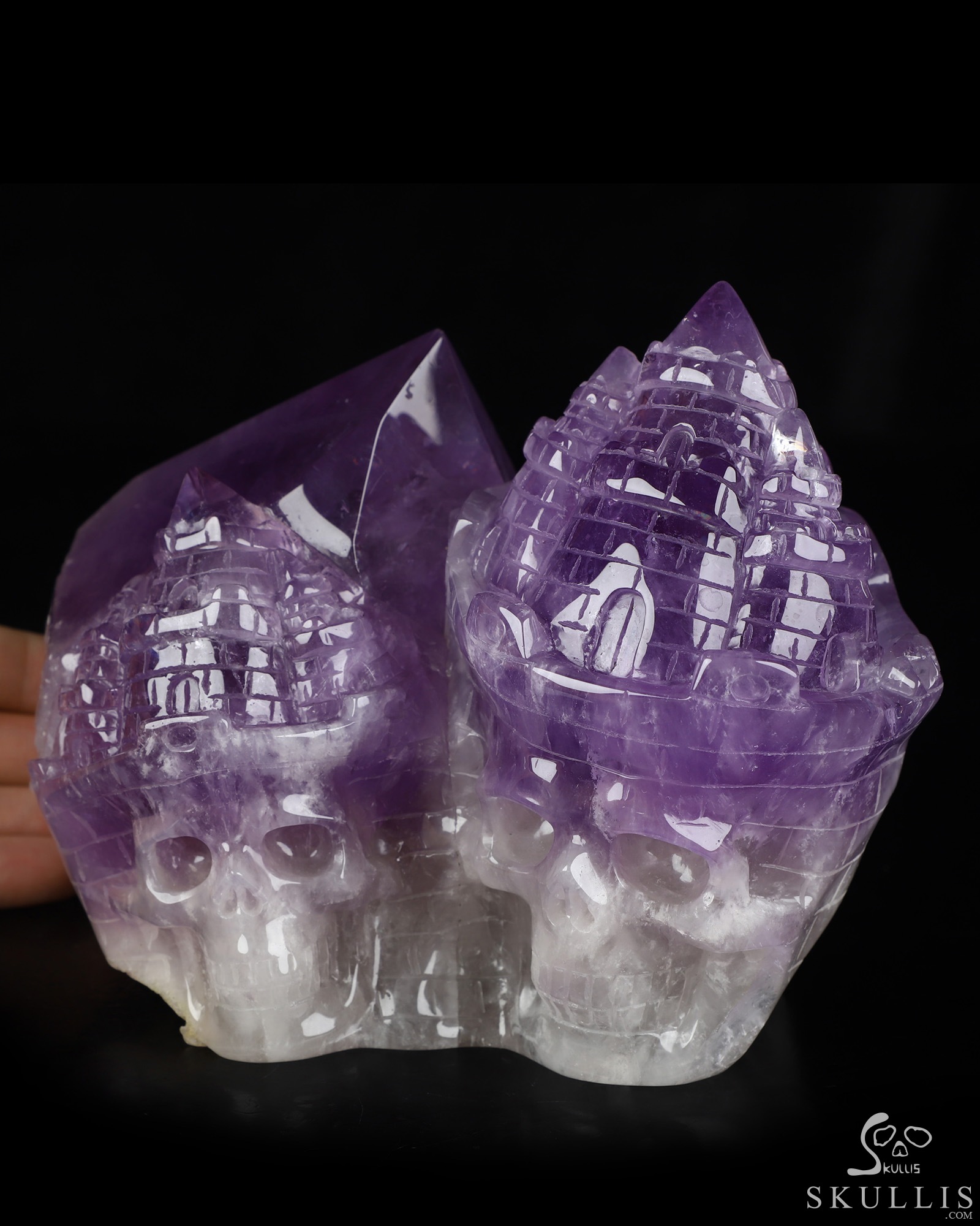 Aug 5, 2026 ACSAD (A Crystal Skull a Day) - The Twin Citadel - Gemstone 6.3" Amethyst Hand Carved Dual Crystal Skull Fine Art Sculpture, Crystal Healing Aug 5, 2026 ACSAD (A Crystal Skull a Day) - The Twin Citadel - Gemstone 6.3" Amethyst Hand Carved Dual Crystal Skull Fine Art Sculpture, Crystal Healing