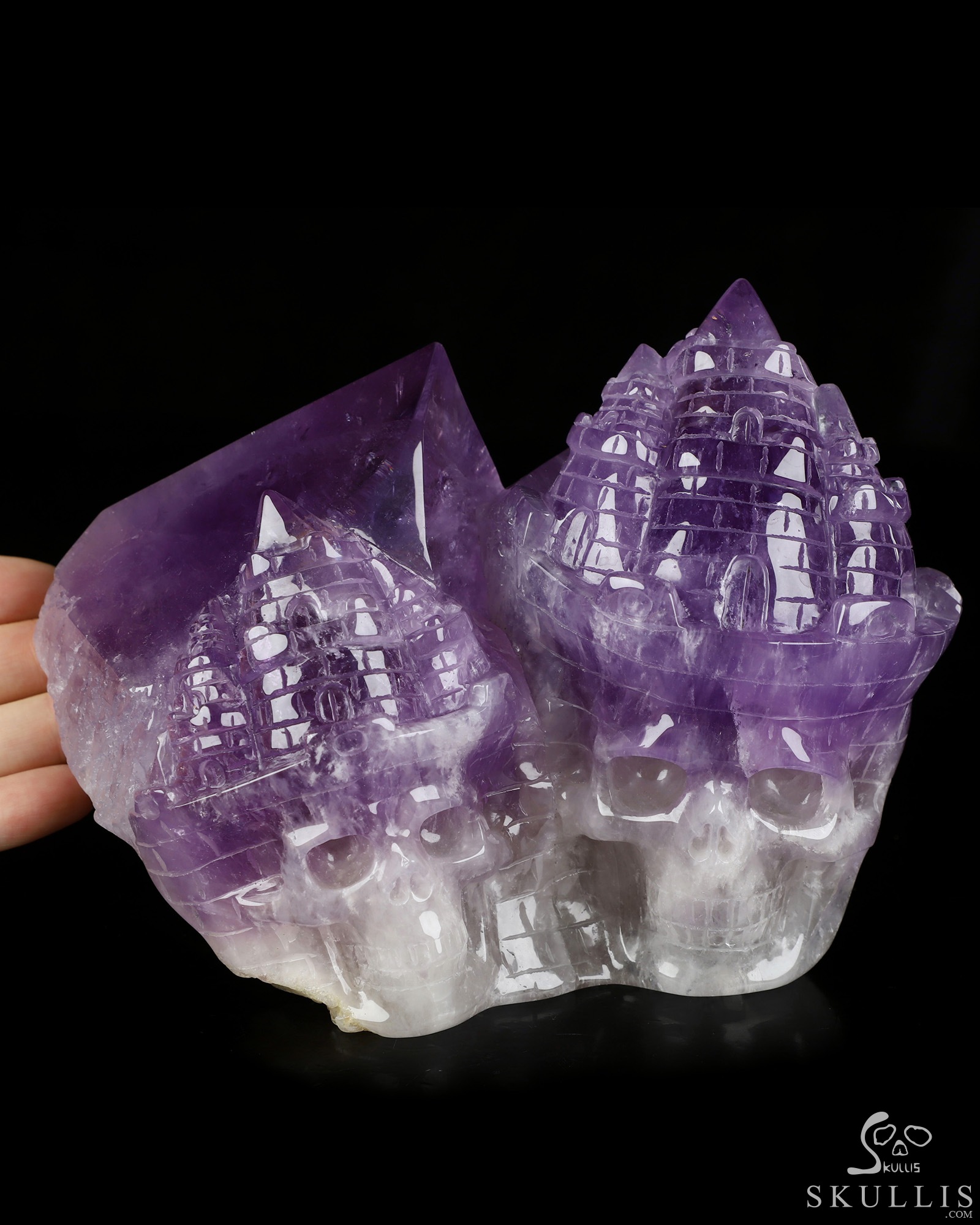 Aug 5, 2026 ACSAD (A Crystal Skull a Day) - The Twin Citadel - Gemstone 6.3" Amethyst Hand Carved Dual Crystal Skull Fine Art Sculpture, Crystal Healing Aug 5, 2026 ACSAD (A Crystal Skull a Day) - The Twin Citadel - Gemstone 6.3" Amethyst Hand Carved Dual Crystal Skull Fine Art Sculpture, Crystal Healing