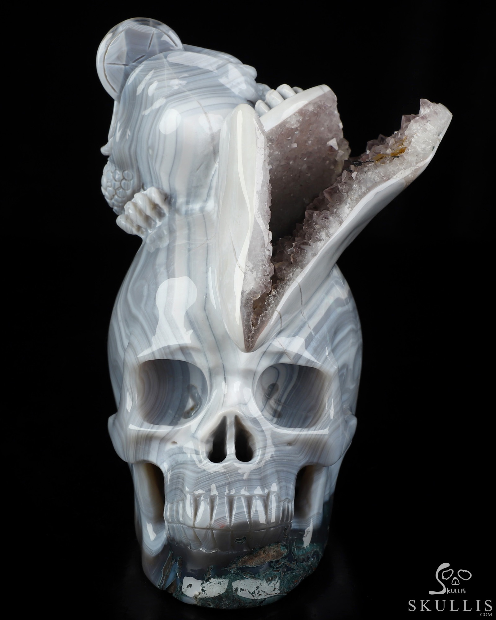 6.7" Agate Amethyst Geode Hand Carved Crystal Skull and Toad Fine Art Sculpture, Crystal Healing 6.7" Agate Amethyst Geode Hand Carved Crystal Skull and Toad Fine Art Sculpture, Crystal Healing