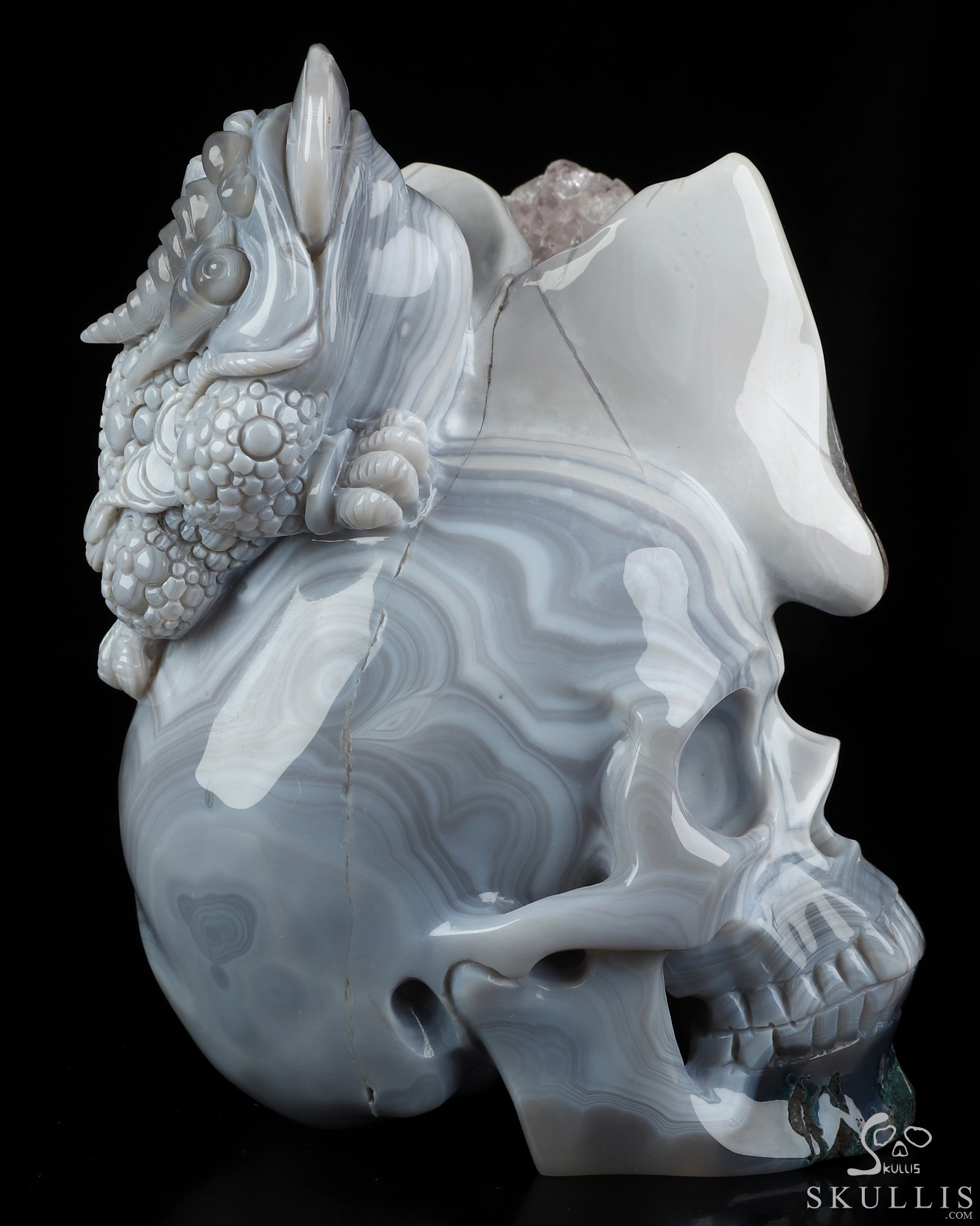 6.7" Agate Amethyst Geode Hand Carved Crystal Skull and Toad Fine Art Sculpture, Crystal Healing 6.7" Agate Amethyst Geode Hand Carved Crystal Skull and Toad Fine Art Sculpture, Crystal Healing