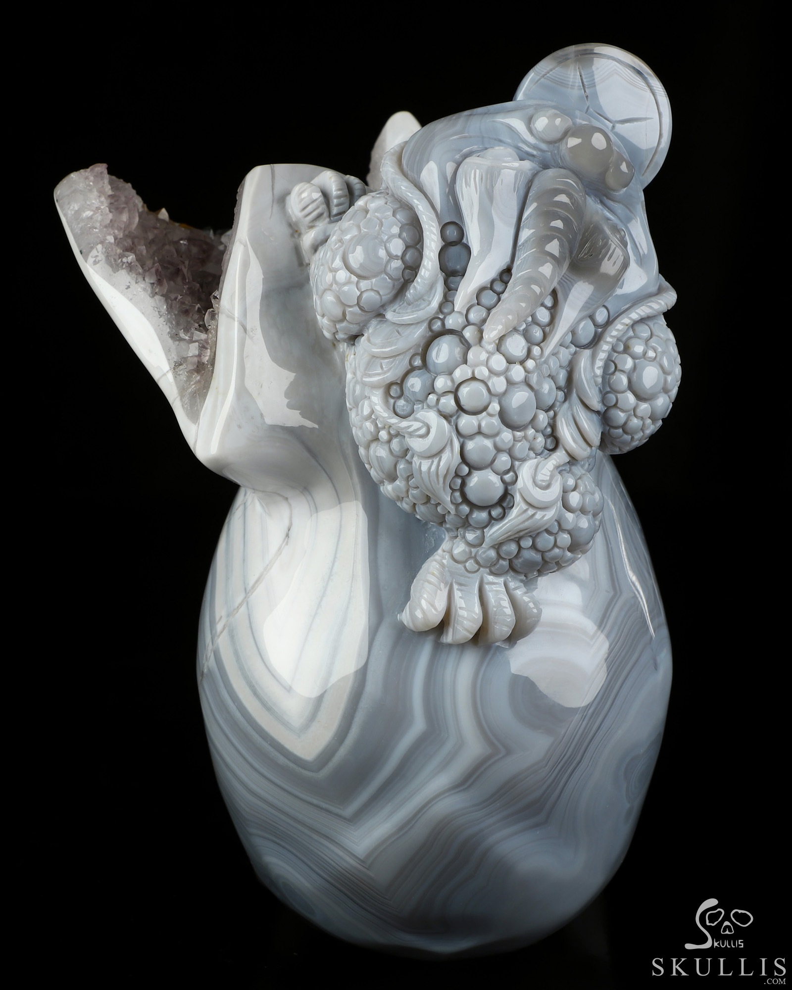 6.7" Agate Amethyst Geode Hand Carved Crystal Skull and Toad Fine Art Sculpture, Crystal Healing 6.7" Agate Amethyst Geode Hand Carved Crystal Skull and Toad Fine Art Sculpture, Crystal Healing