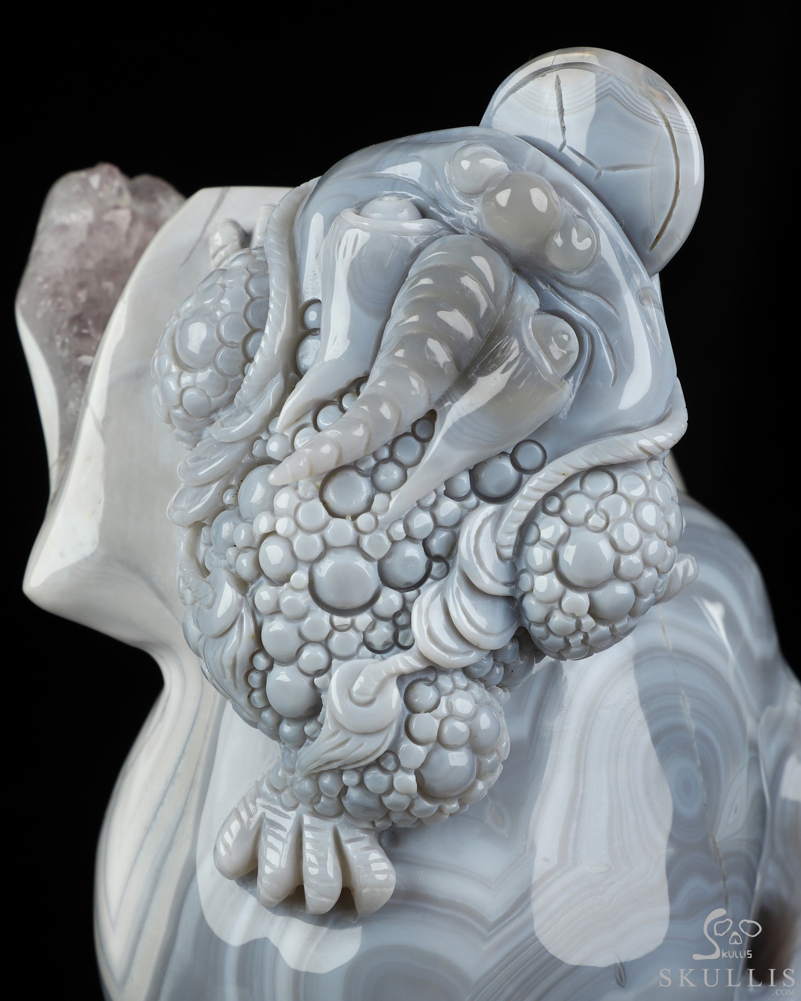 6.7" Agate Amethyst Geode Hand Carved Crystal Skull and Toad Fine Art Sculpture, Crystal Healing 6.7" Agate Amethyst Geode Hand Carved Crystal Skull and Toad Fine Art Sculpture, Crystal Healing