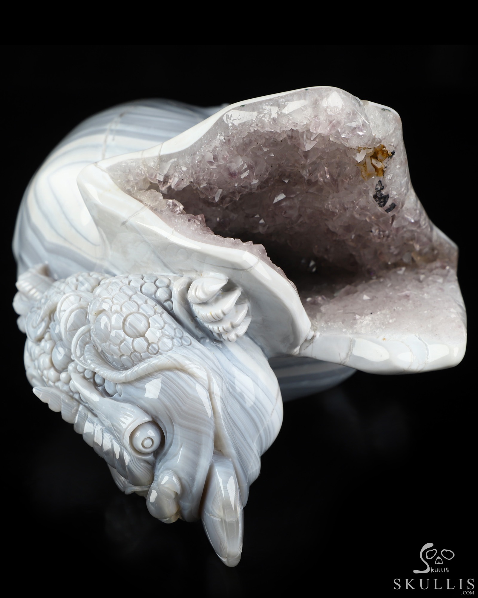 6.7" Agate Amethyst Geode Hand Carved Crystal Skull and Toad Fine Art Sculpture, Crystal Healing 6.7" Agate Amethyst Geode Hand Carved Crystal Skull and Toad Fine Art Sculpture, Crystal Healing