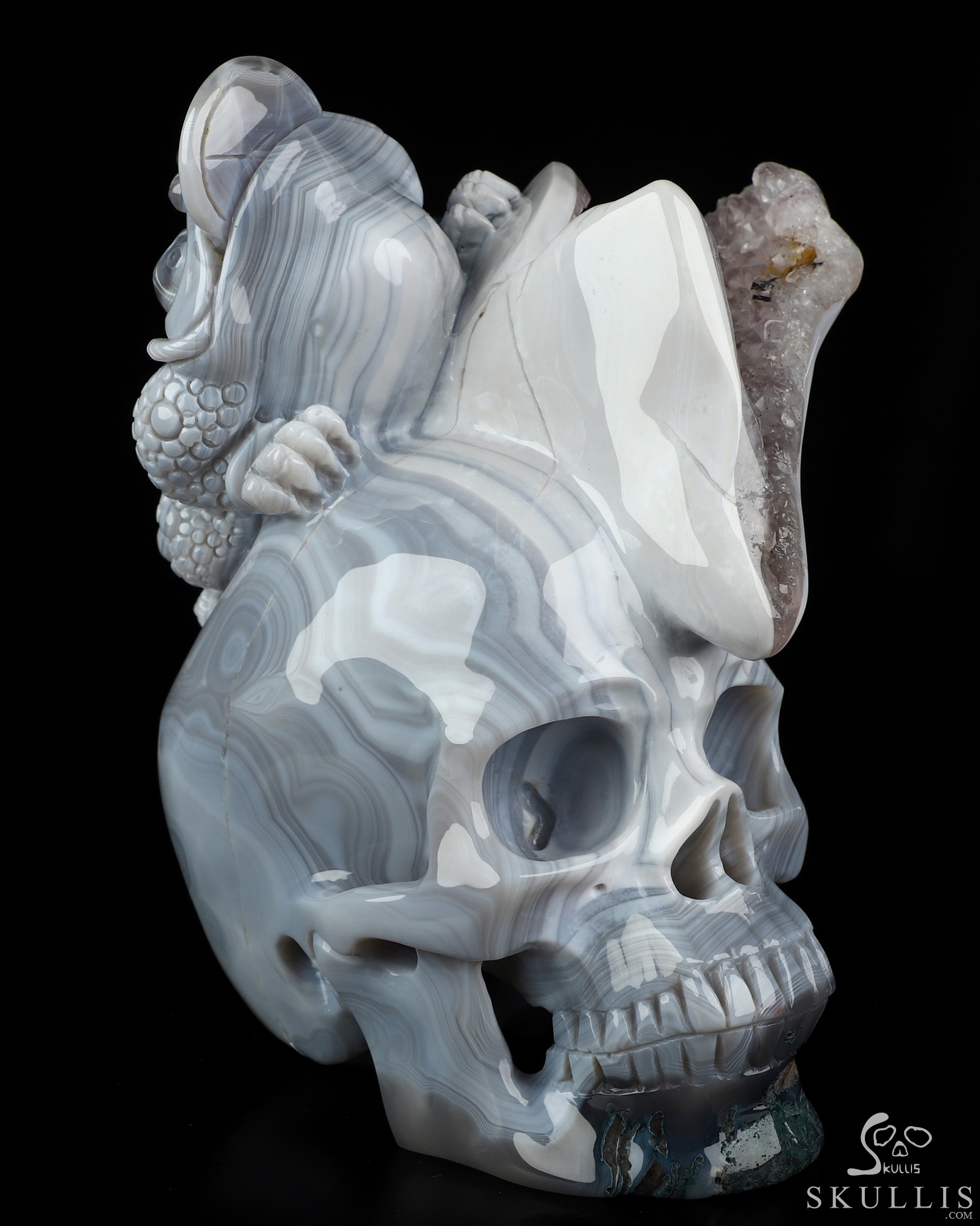 6.7" Agate Amethyst Geode Hand Carved Crystal Skull and Toad Fine Art Sculpture, Crystal Healing 6.7" Agate Amethyst Geode Hand Carved Crystal Skull and Toad Fine Art Sculpture, Crystal Healing
