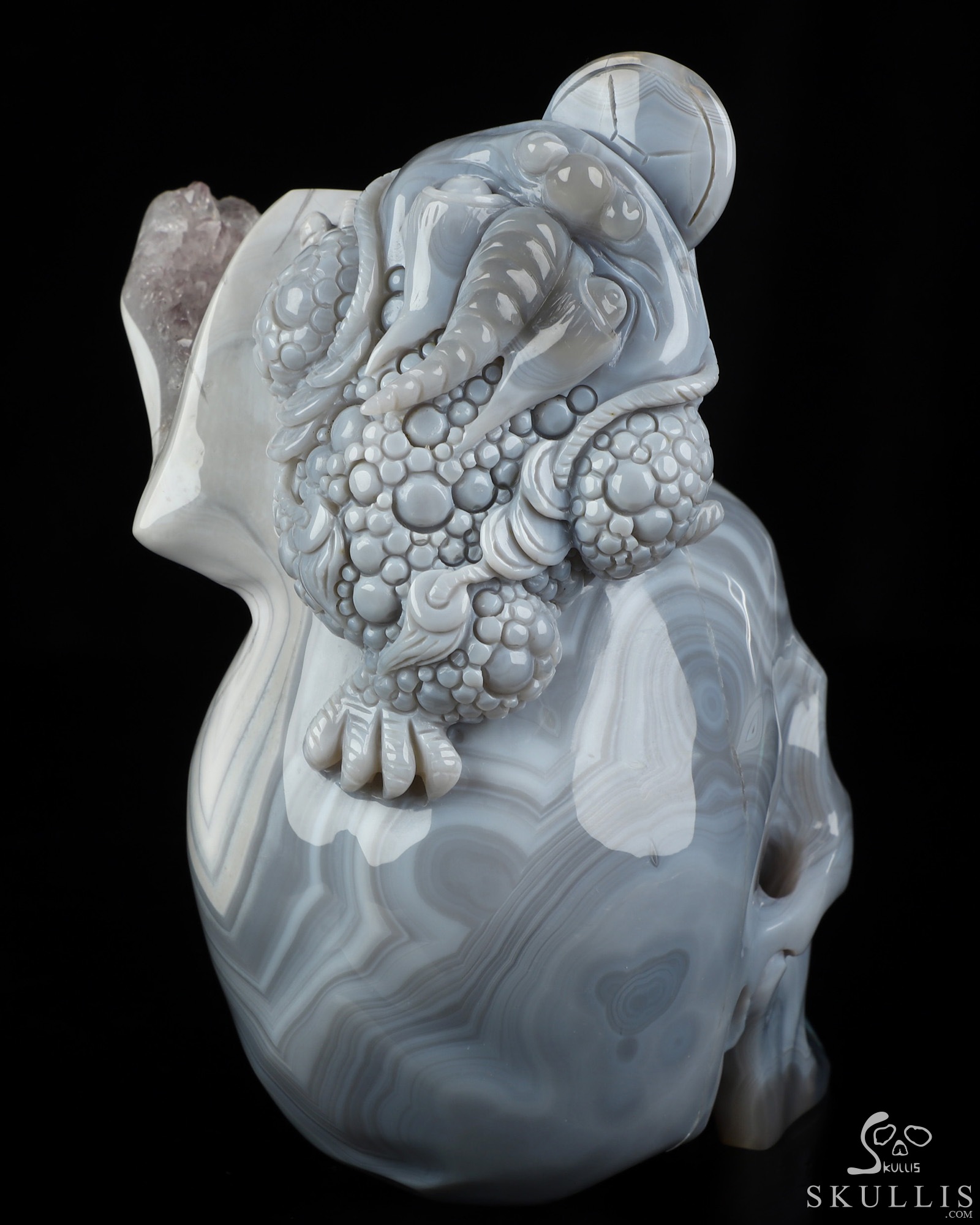 6.7" Agate Amethyst Geode Hand Carved Crystal Skull and Toad Fine Art Sculpture, Crystal Healing 6.7" Agate Amethyst Geode Hand Carved Crystal Skull and Toad Fine Art Sculpture, Crystal Healing