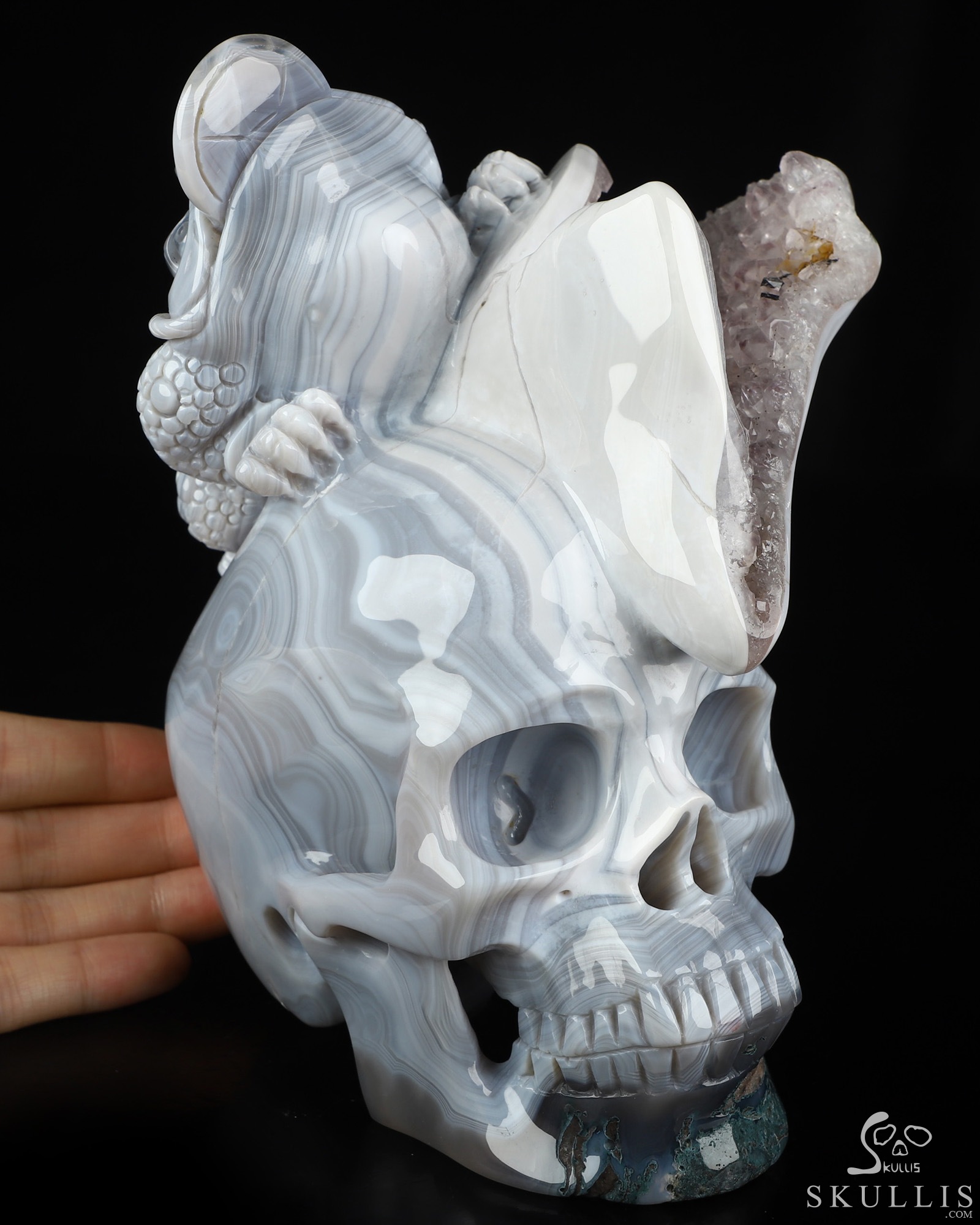6.7" Agate Amethyst Geode Hand Carved Crystal Skull and Toad Fine Art Sculpture, Crystal Healing 6.7" Agate Amethyst Geode Hand Carved Crystal Skull and Toad Fine Art Sculpture, Crystal Healing