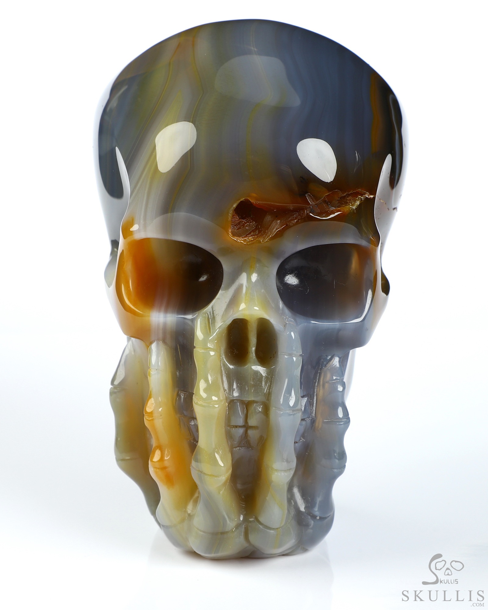 The Thinker---4.0" Premium Brazilian Agate Hand Carved Crystal Skull & Skeletal Hand Sculpture, Crystal Healing The Thinker---4.0" Premium Brazilian Agate Hand Carved Crystal Skull & Skeletal Hand Sculpture, Crystal Healing